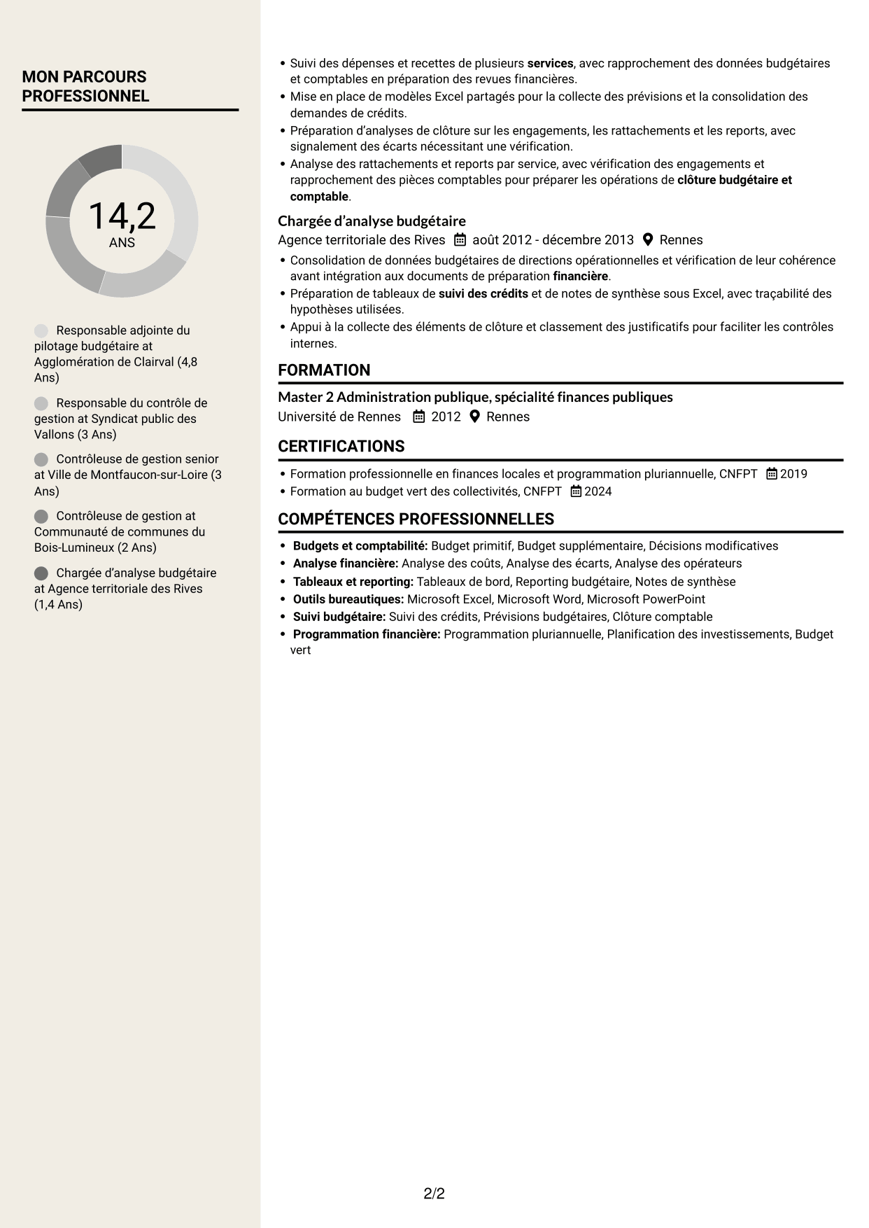 CV Fonceur (format à deux colonnes avec en-tête centré sans photo) : Responsable adjoint du pôle budget et contrôle de gestion, page 2