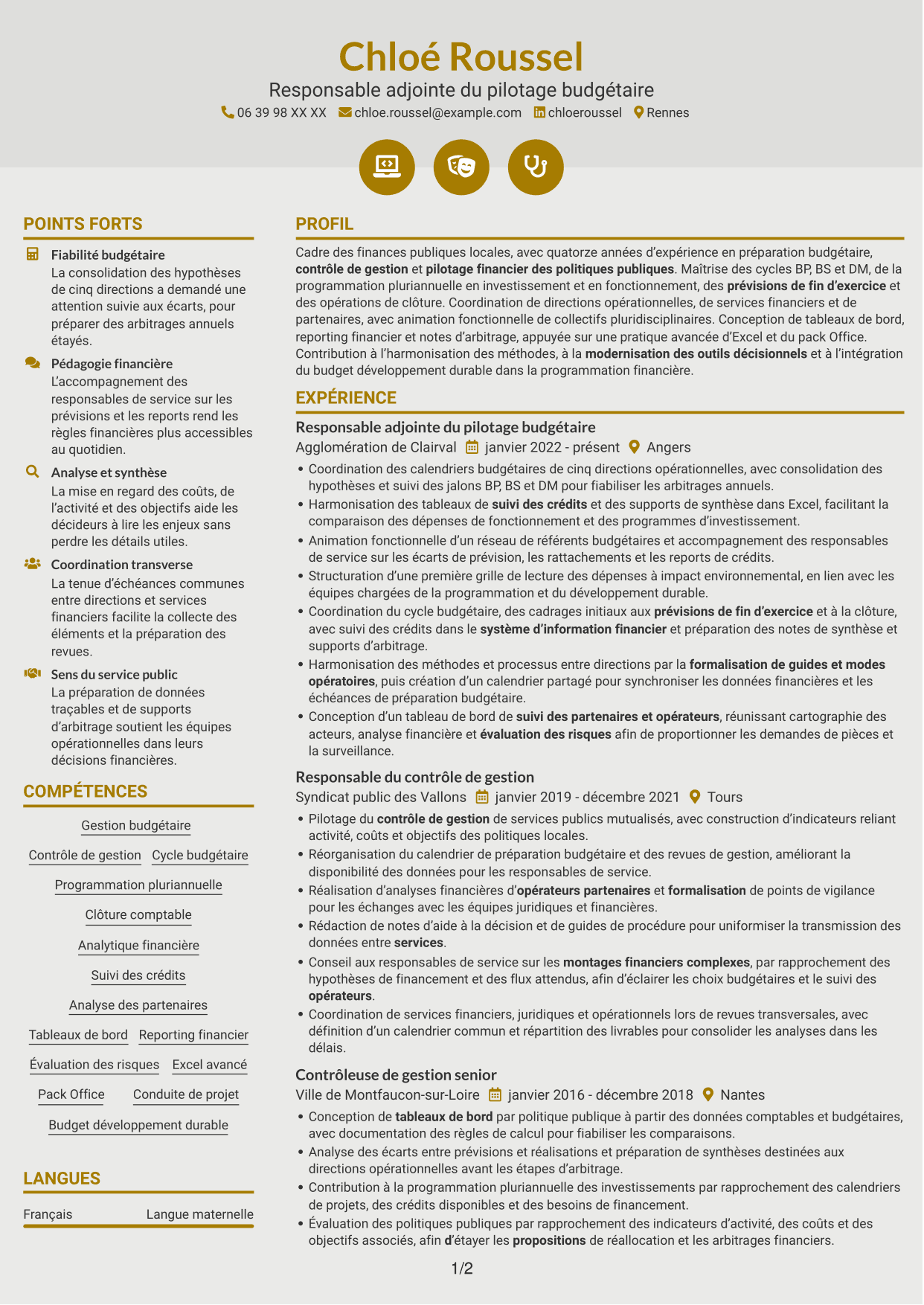 CV Dynamique (format à deux colonnes avec icônes) : Responsable adjoint du pôle budget et contrôle de gestion, page 1