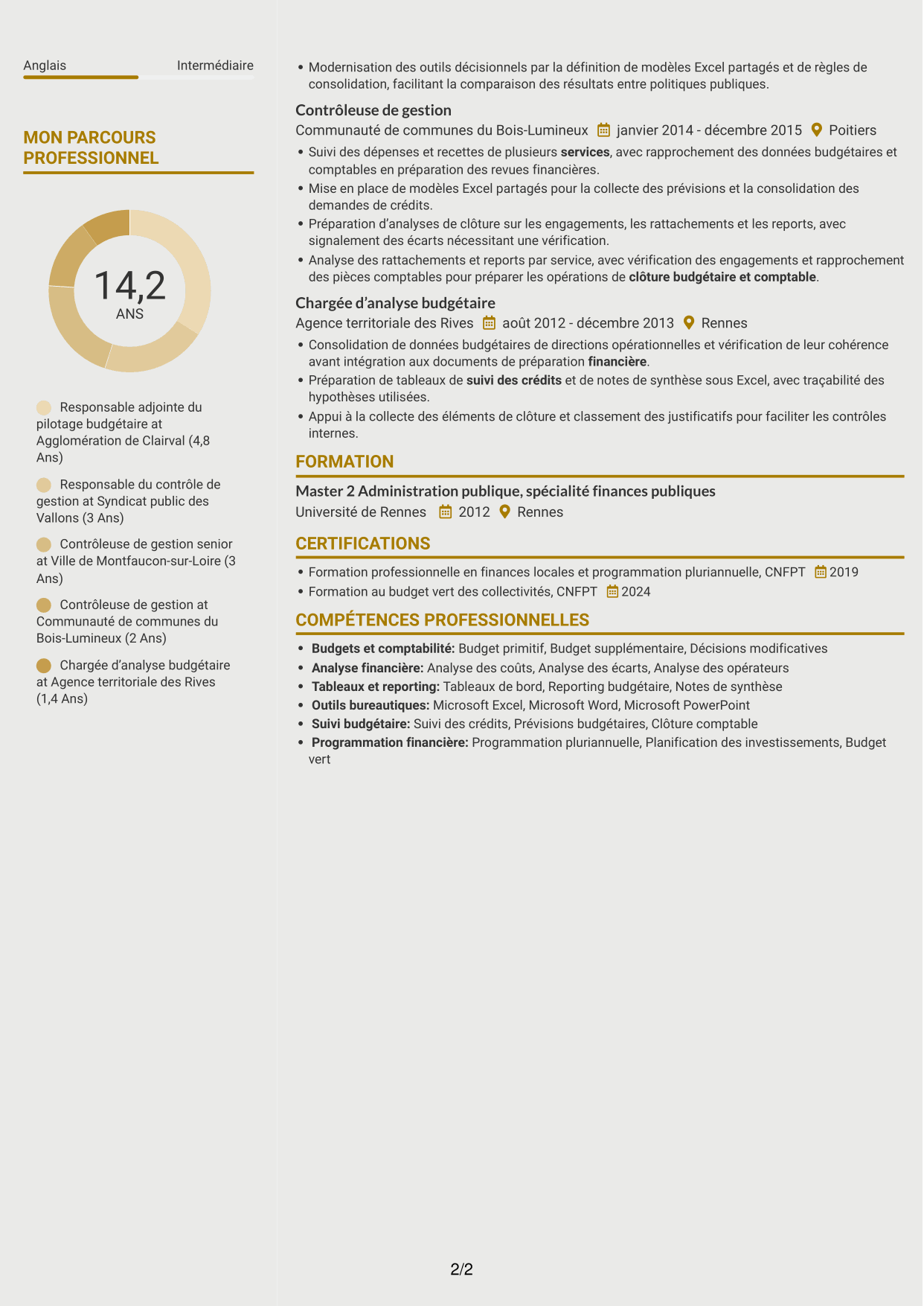 CV Dynamique (format à deux colonnes avec icônes) : Responsable adjoint du pôle budget et contrôle de gestion, page 2