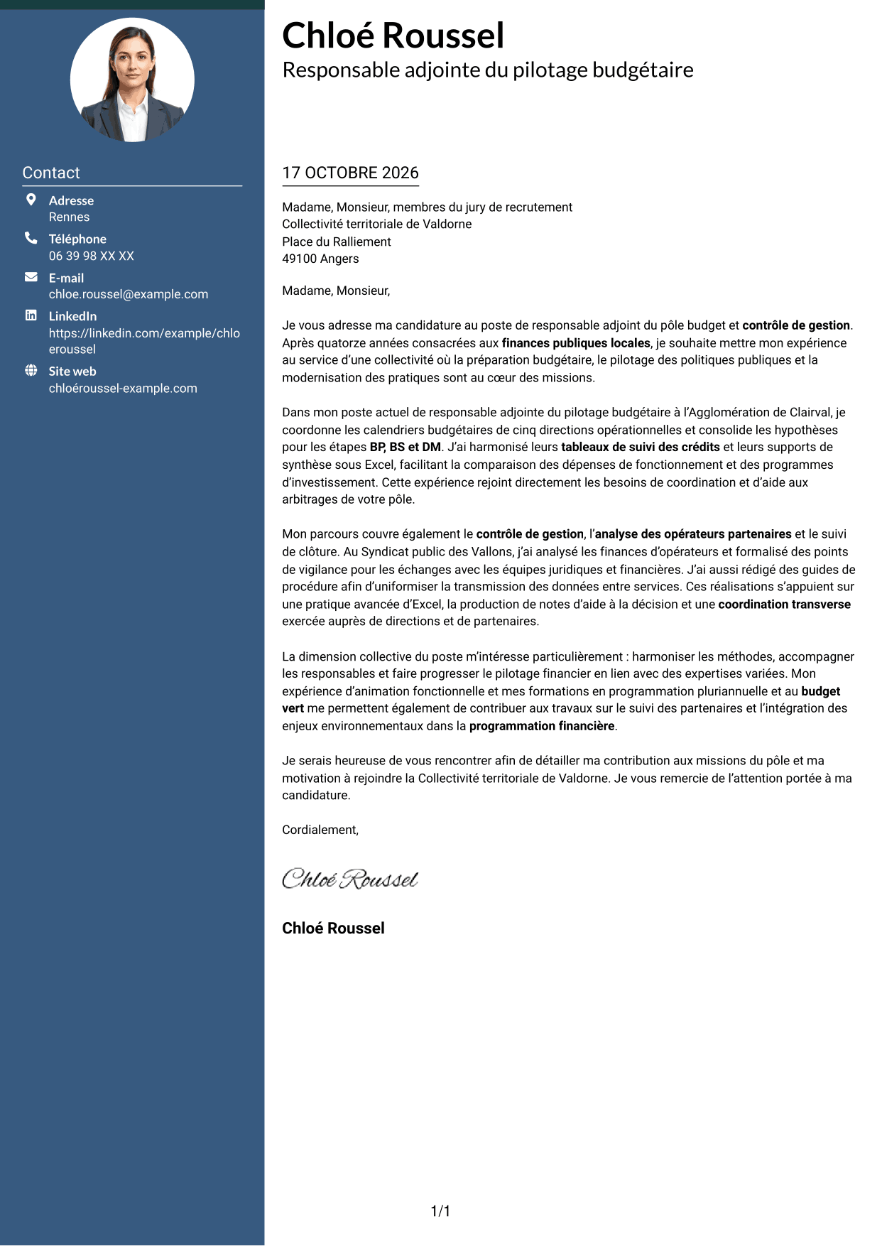 Lettre de motivation Élégant (format à colonne latérale colorée avec photo) : Responsable adjoint du pôle budget et contrôle de gestion, page 1