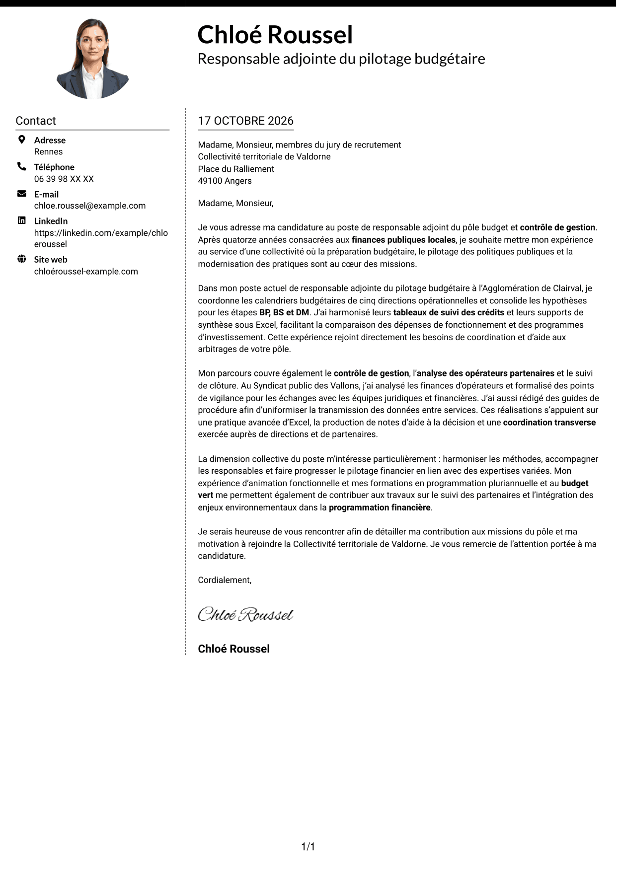 Lettre de motivation Moderne (format à deux colonnes avec photo à gauche et séparateur) : Responsable adjoint du pôle budget et contrôle de gestion, page 1