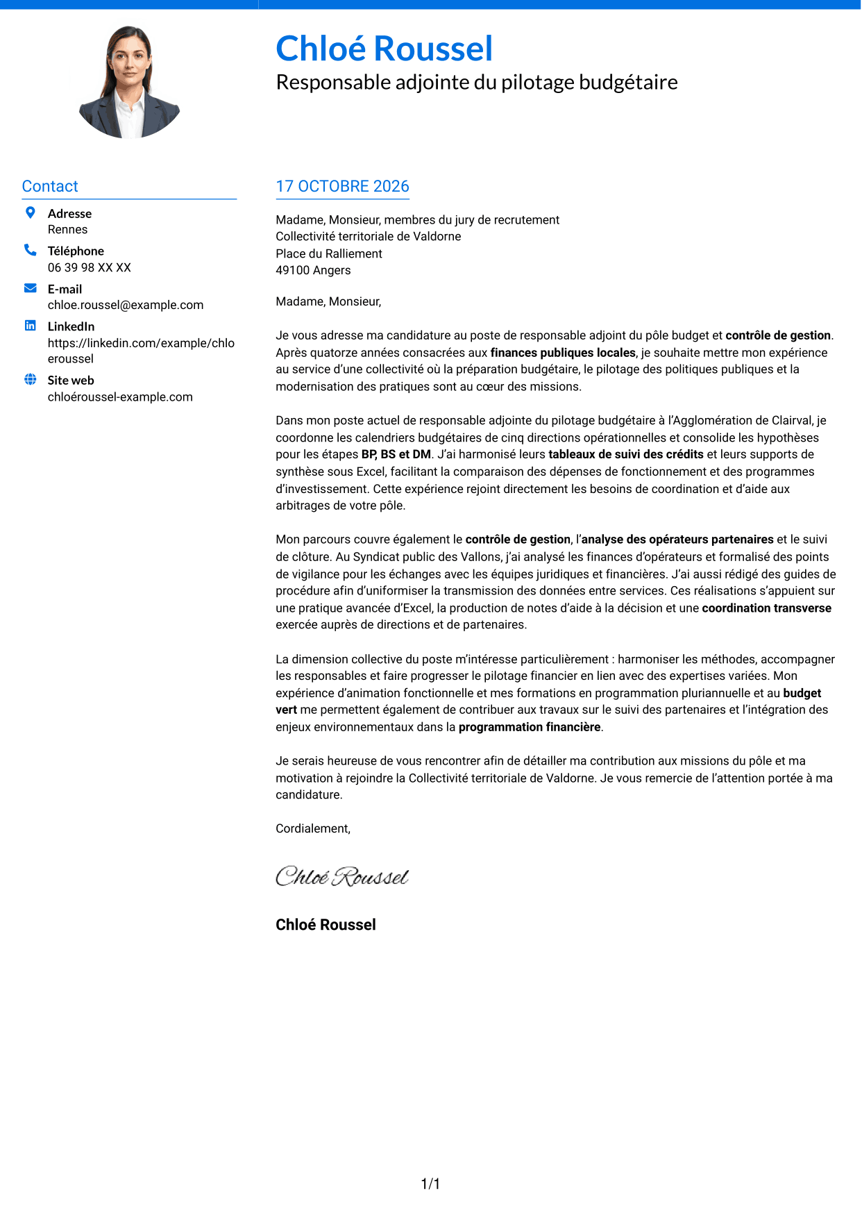 Lettre de motivation Audacieux (format à deux colonnes avec accents colorés et photo) : Responsable adjoint du pôle budget et contrôle de gestion, page 1
