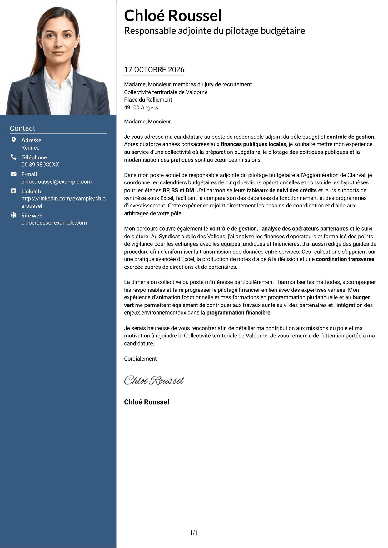 Lettre de motivation Signature (format à colonne latérale colorée avec grande photo) : Responsable adjoint du pôle budget et contrôle de gestion, page 1