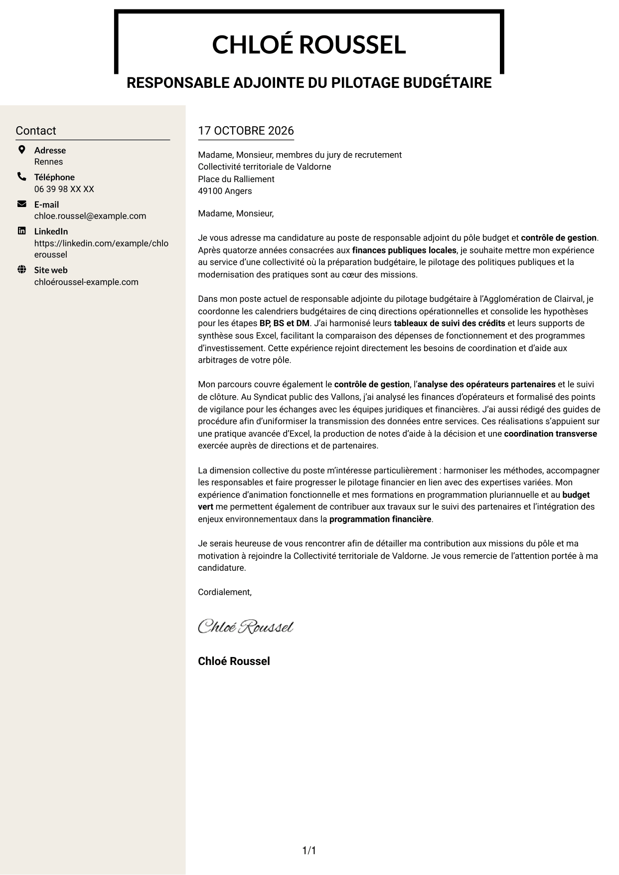 Lettre de motivation Fonceur (format à deux colonnes avec en-tête centré sans photo) : Responsable adjoint du pôle budget et contrôle de gestion, page 1
