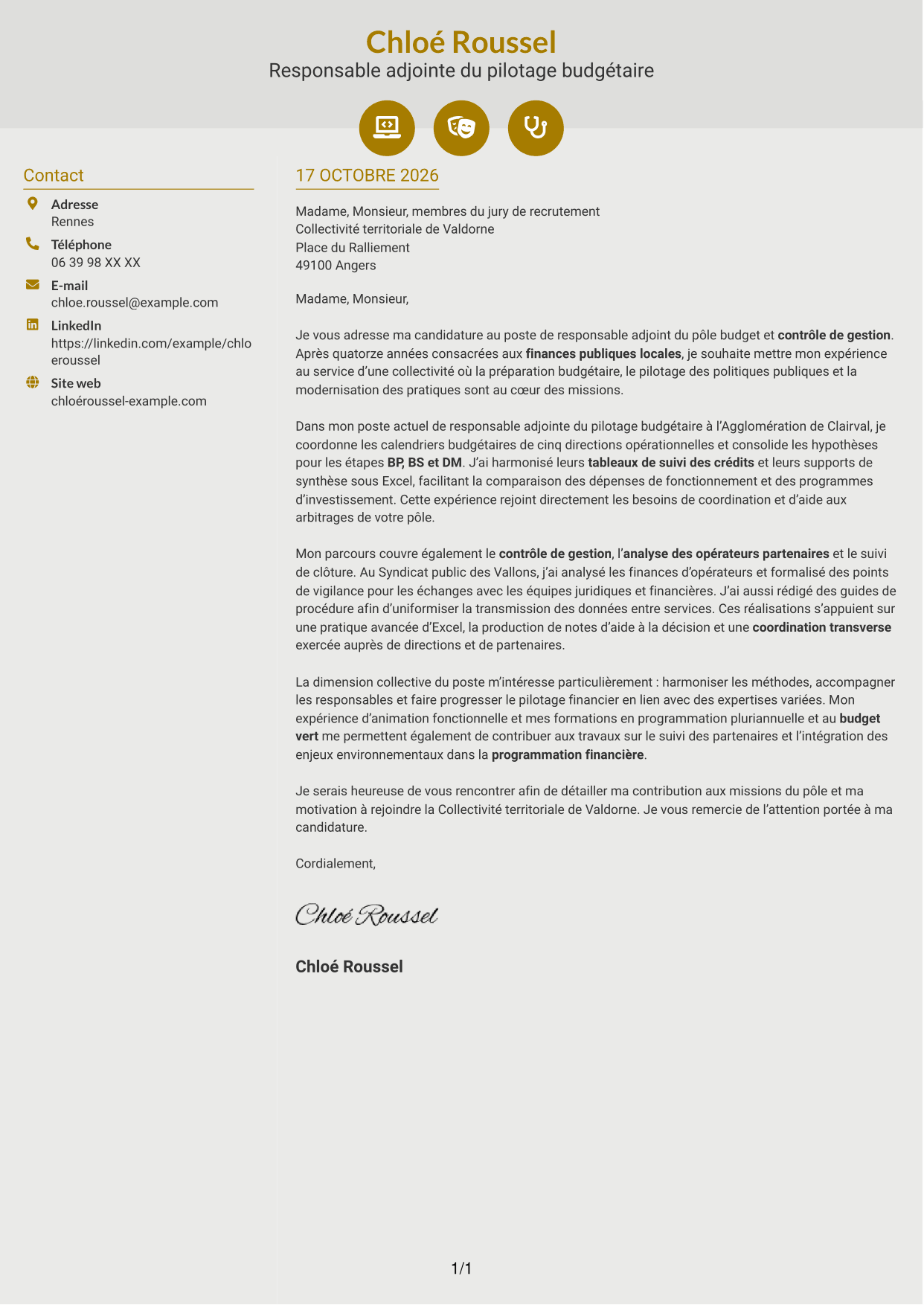Lettre de motivation Dynamique (format à deux colonnes avec icônes) : Responsable adjoint du pôle budget et contrôle de gestion, page 1