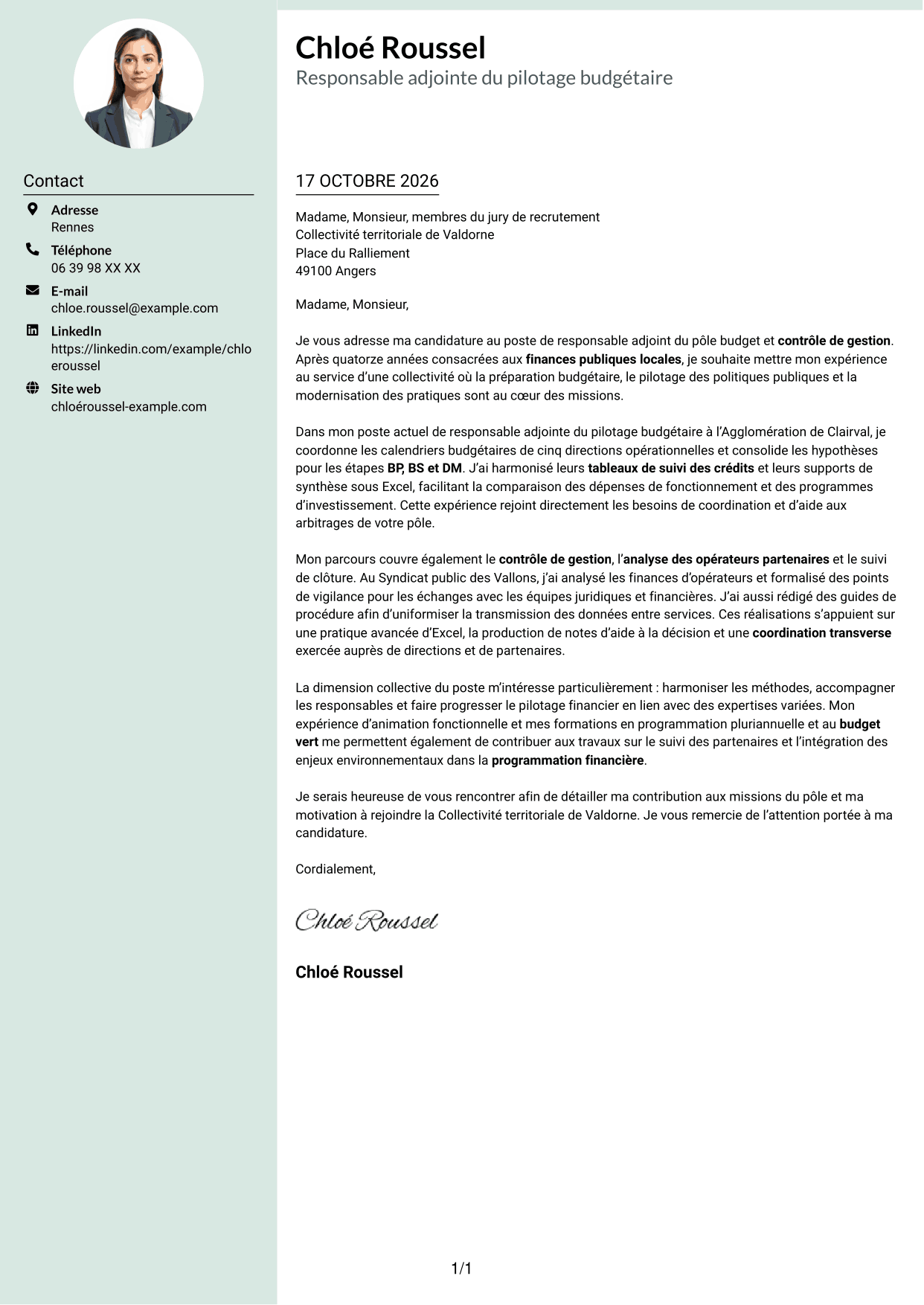 Lettre de motivation Cadre (format à colonne latérale douce avec photo arrondie) : Responsable adjoint du pôle budget et contrôle de gestion, page 1