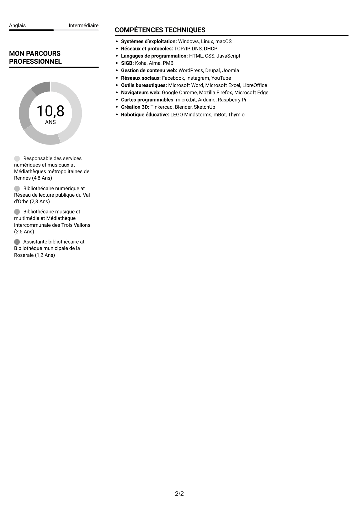 CV Compact (format sobre à deux colonnes avec photo) : Responsable bibliothécaire - Informatique, numérique et son, page 2