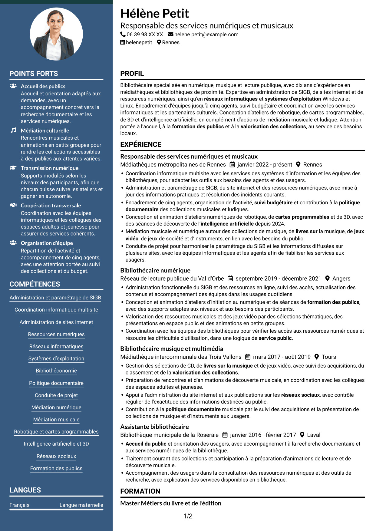 CV Élégant (format à colonne latérale colorée avec photo) : Responsable bibliothécaire - Informatique, numérique et son, page 1