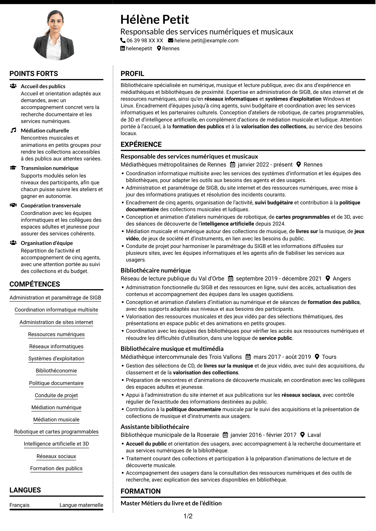 CV Moderne (format à deux colonnes avec photo à gauche et séparateur) : Responsable bibliothécaire - Informatique, numérique et son, page 1