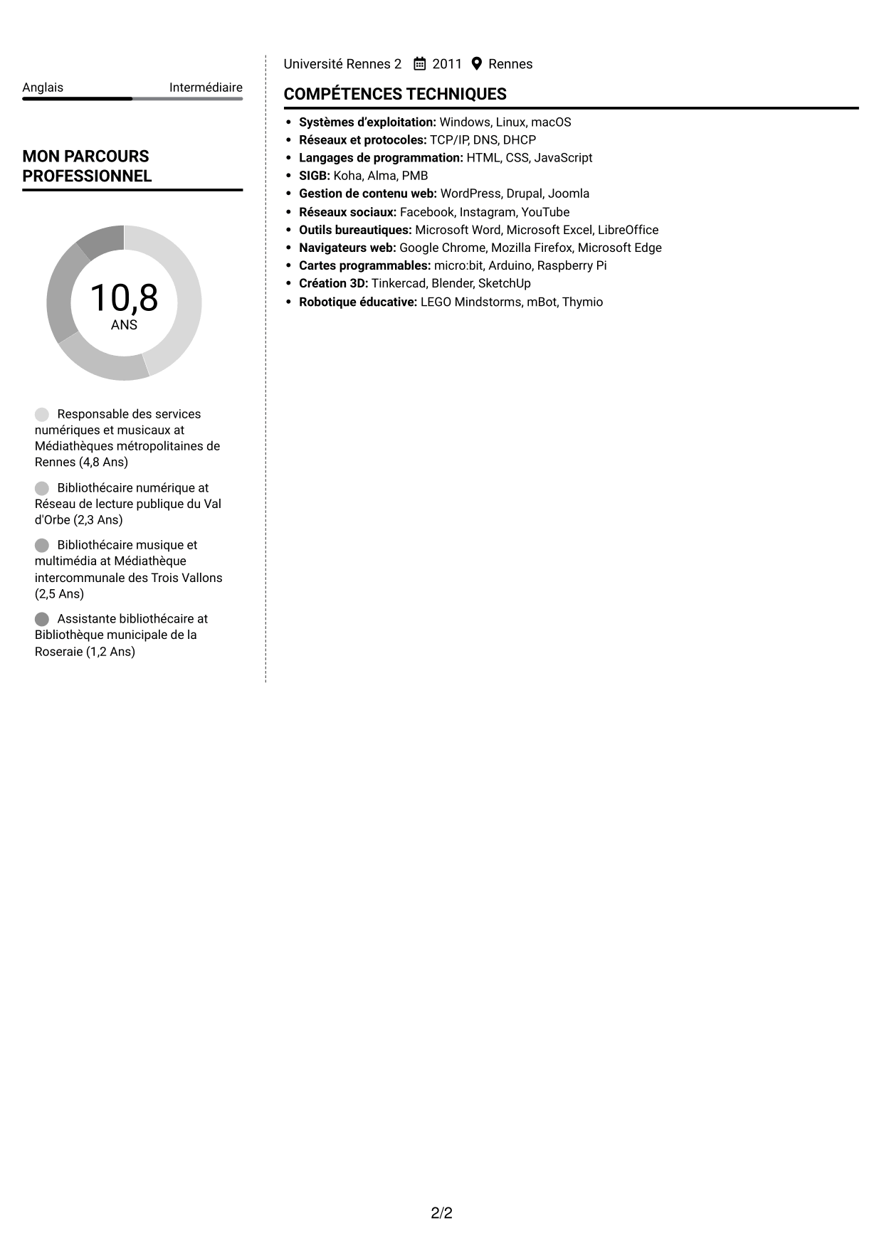 CV Moderne (format à deux colonnes avec photo à gauche et séparateur) : Responsable bibliothécaire - Informatique, numérique et son, page 2