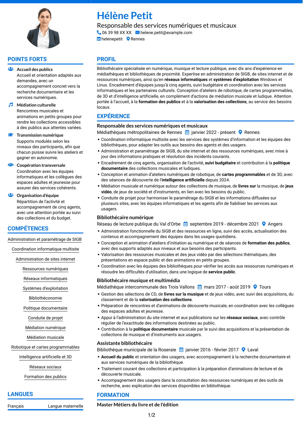 CV Audacieux (format à deux colonnes avec accents colorés et photo) : Responsable bibliothécaire - Informatique, numérique et son, page 1