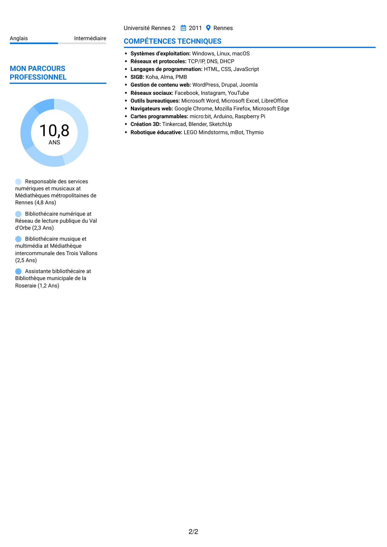 CV Audacieux (format à deux colonnes avec accents colorés et photo) : Responsable bibliothécaire - Informatique, numérique et son, page 2
