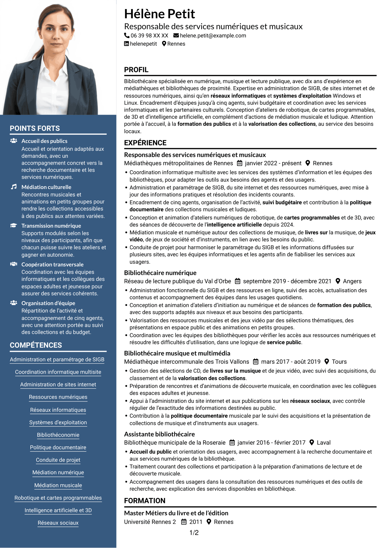 CV Signature (format à colonne latérale colorée avec grande photo) : Responsable bibliothécaire - Informatique, numérique et son, page 1