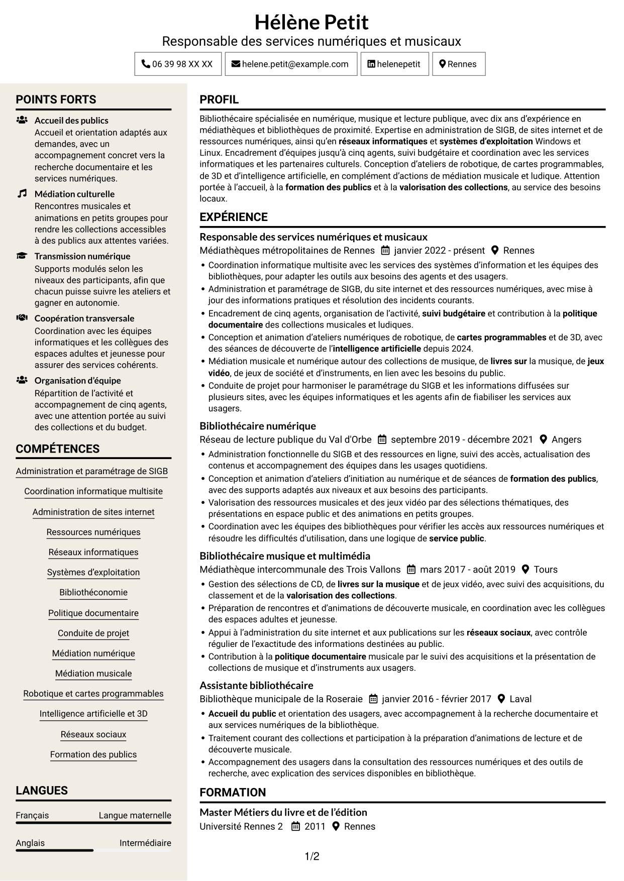CV Fonceur (format à deux colonnes avec en-tête centré sans photo) : Responsable bibliothécaire - Informatique, numérique et son, page 1