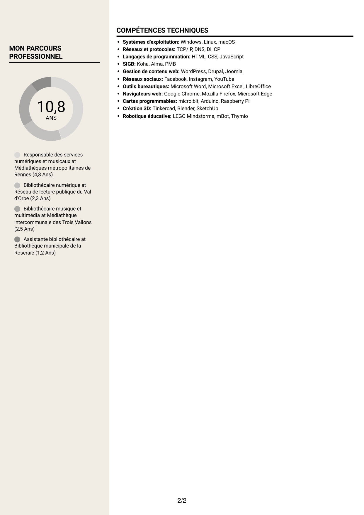 CV Fonceur (format à deux colonnes avec en-tête centré sans photo) : Responsable bibliothécaire - Informatique, numérique et son, page 2