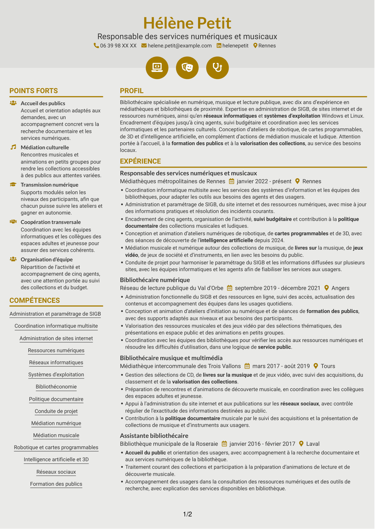 CV Dynamique (format à deux colonnes avec icônes) : Responsable bibliothécaire - Informatique, numérique et son, page 1