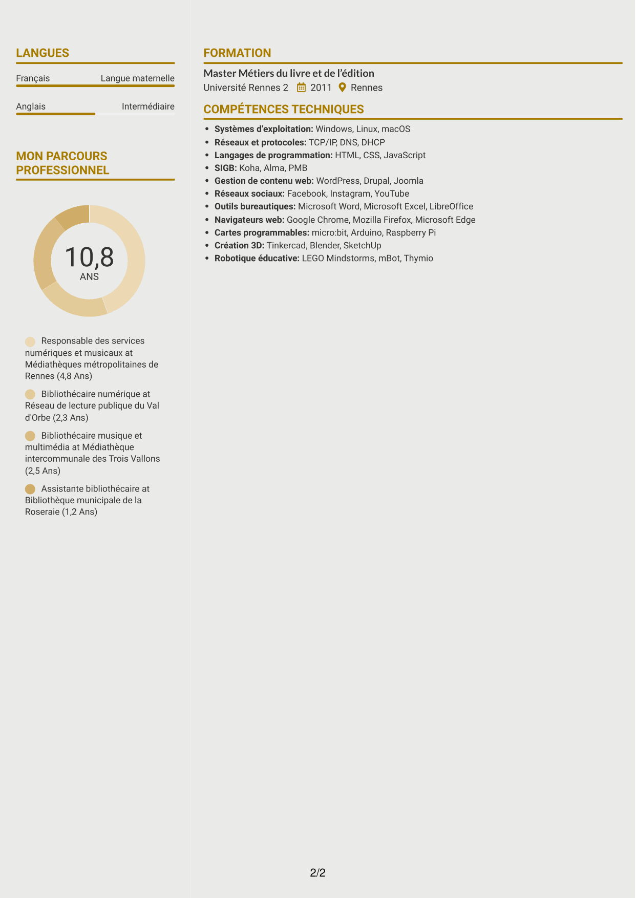 CV Dynamique (format à deux colonnes avec icônes) : Responsable bibliothécaire - Informatique, numérique et son, page 2