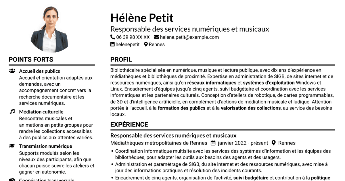 7 modèles de CV pour Responsable bibliothécaire - Informatique, numérique et son, avec exemples