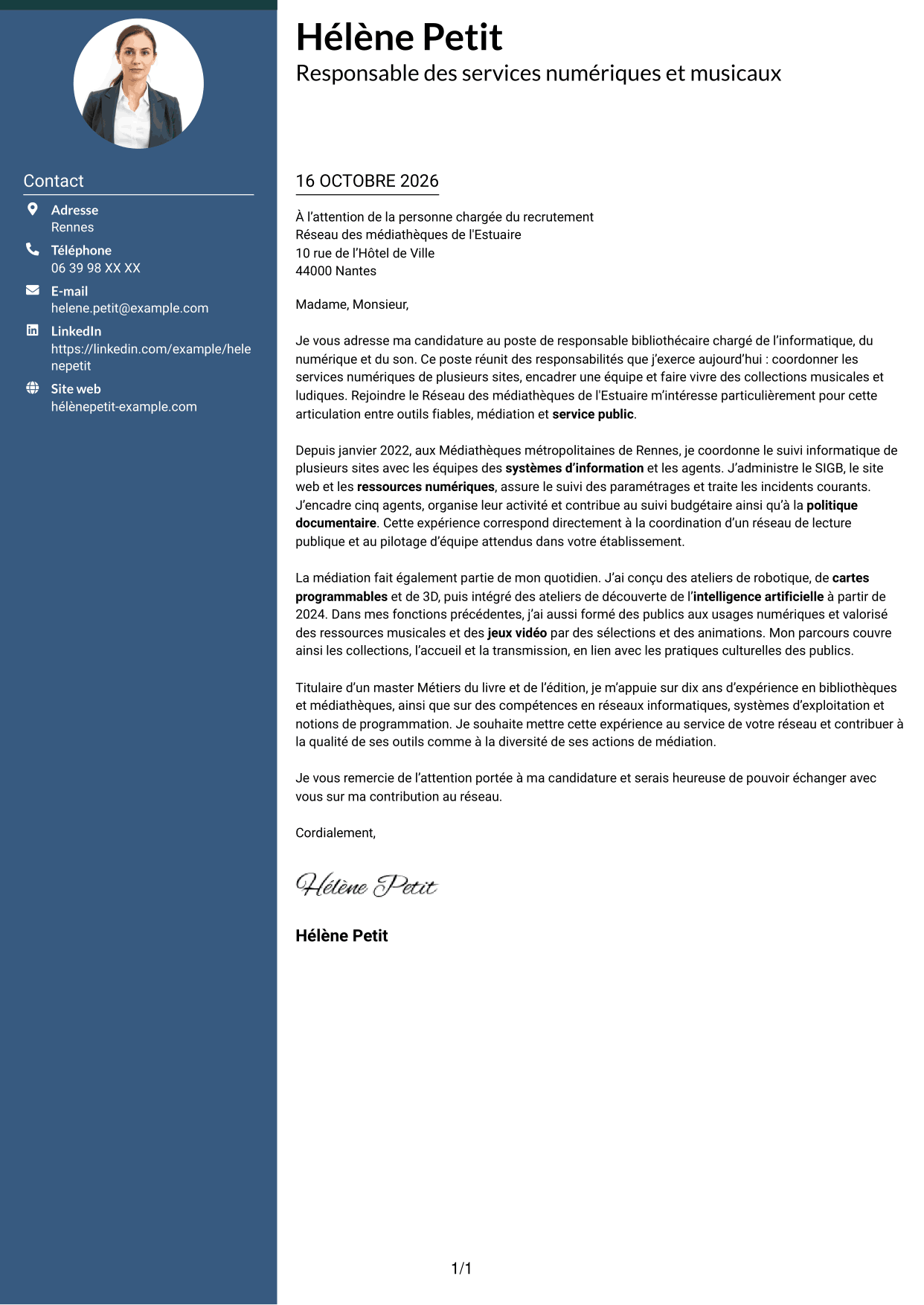 Lettre de motivation Élégant (format à colonne latérale colorée avec photo) : Responsable bibliothécaire - Informatique, numérique et son, page 1
