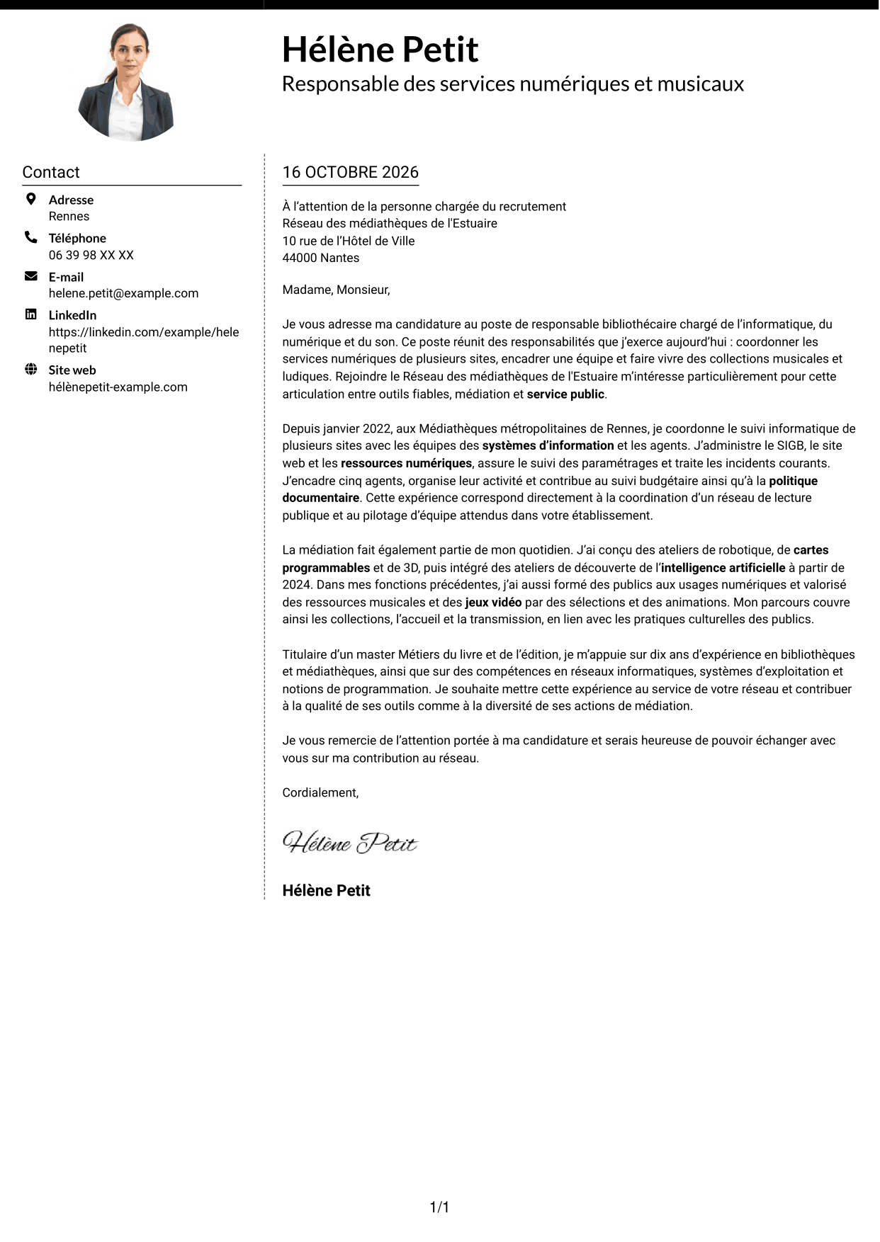 Lettre de motivation Moderne (format à deux colonnes avec photo à gauche et séparateur) : Responsable bibliothécaire - Informatique, numérique et son, page 1