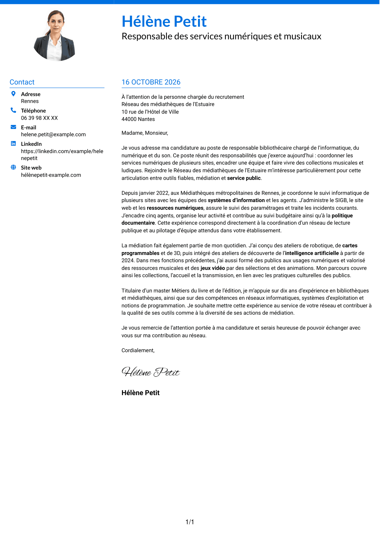 Lettre de motivation Audacieux (format à deux colonnes avec accents colorés et photo) : Responsable bibliothécaire - Informatique, numérique et son, page 1