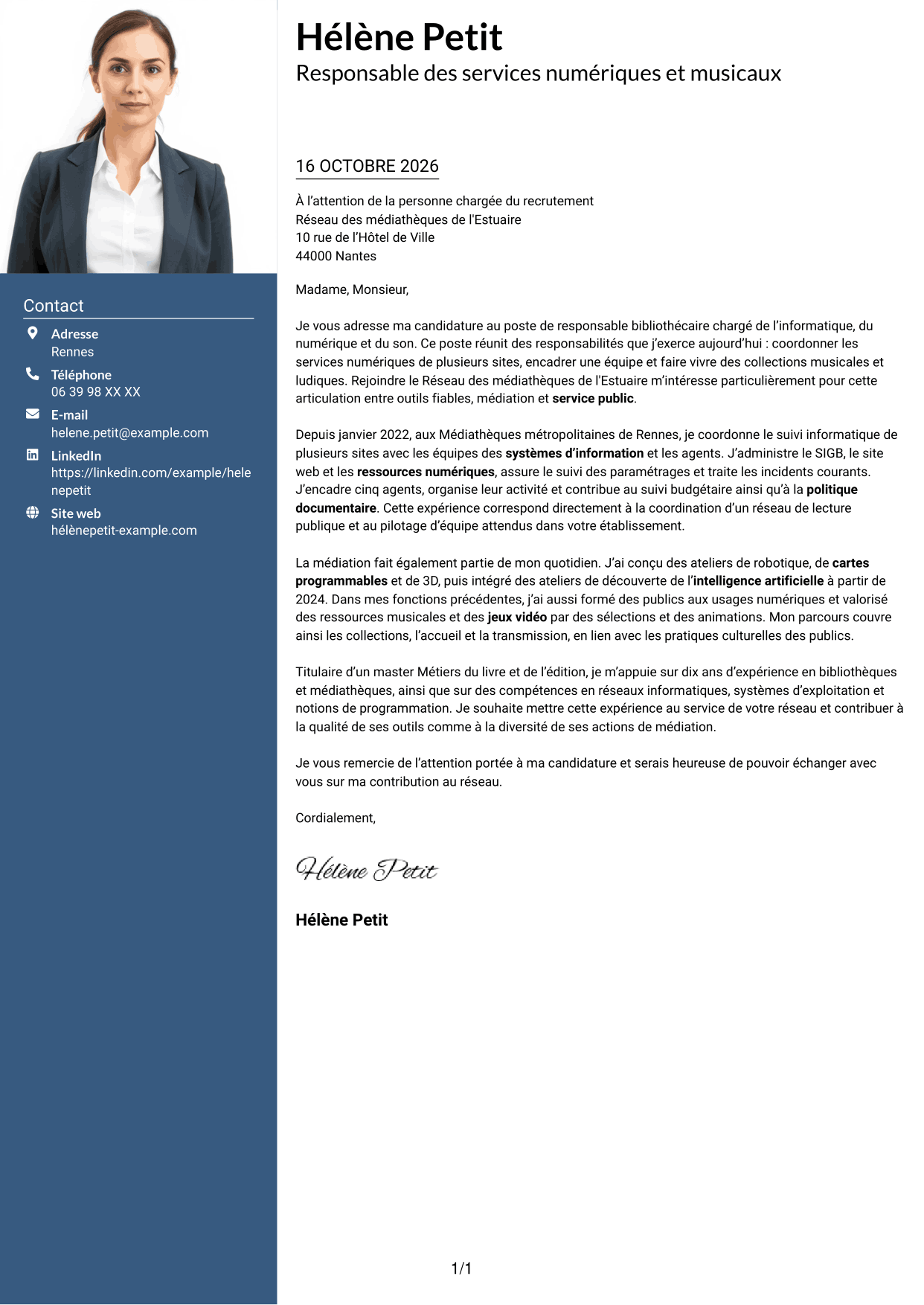 Lettre de motivation Signature (format à colonne latérale colorée avec grande photo) : Responsable bibliothécaire - Informatique, numérique et son, page 1