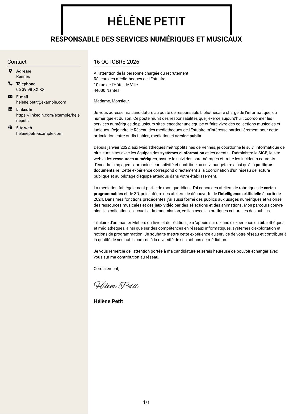 Lettre de motivation Fonceur (format à deux colonnes avec en-tête centré sans photo) : Responsable bibliothécaire - Informatique, numérique et son, page 1