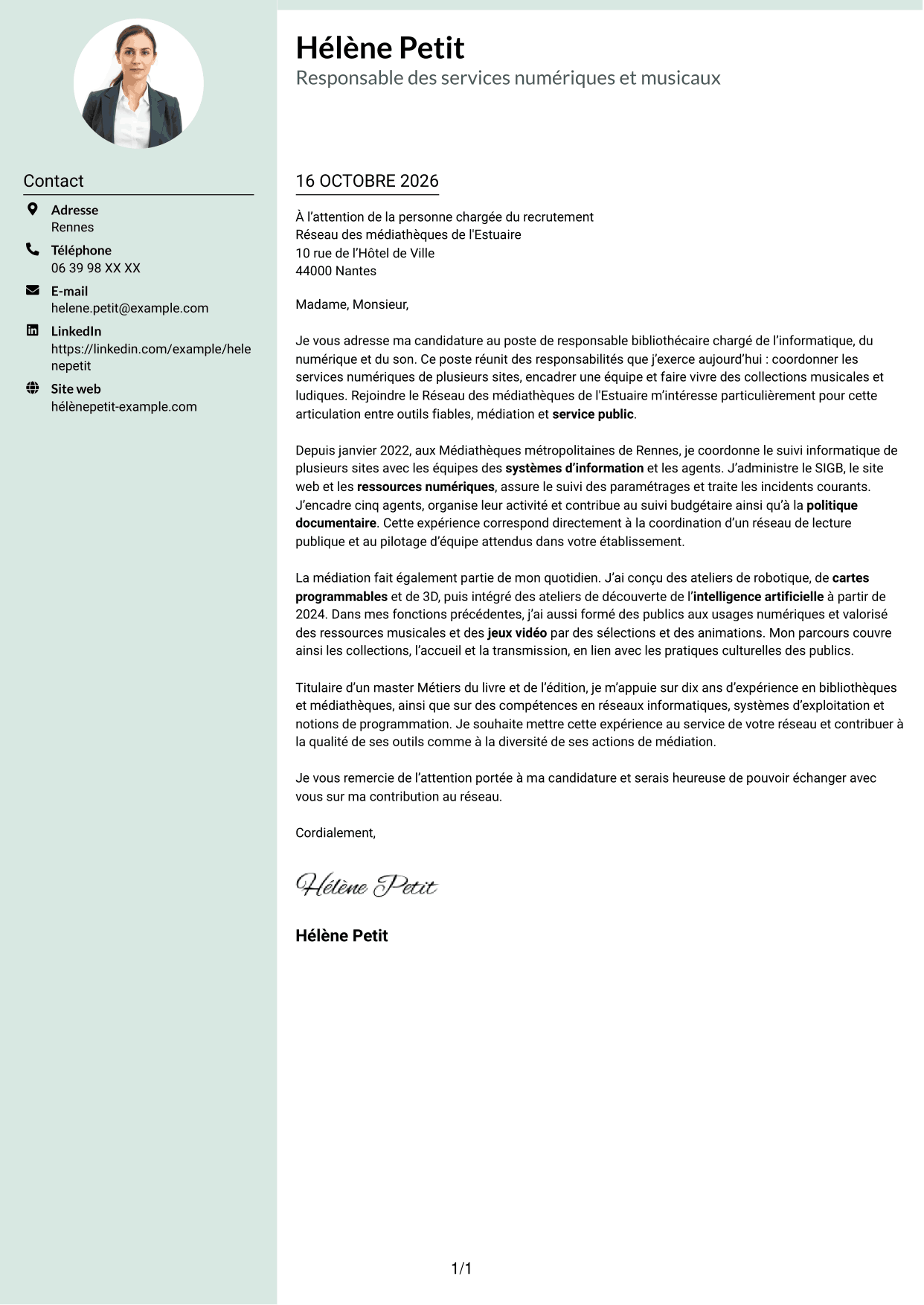 Lettre de motivation Cadre (format à colonne latérale douce avec photo arrondie) : Responsable bibliothécaire - Informatique, numérique et son, page 1