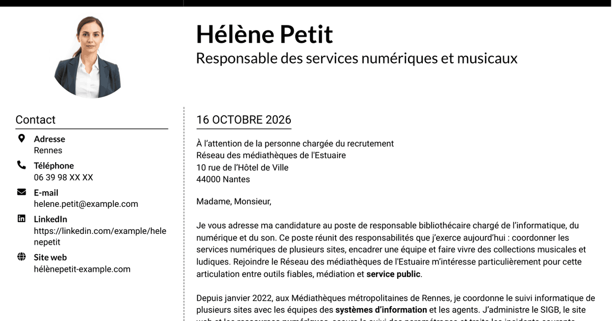 7 modèles de lettre de motivation pour Responsable bibliothécaire - Informatique, numérique et son, avec exemples
