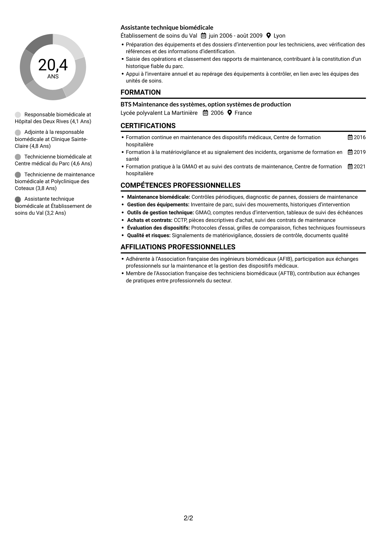 CV Compact (format sobre à deux colonnes avec photo) : Responsable biomédical - Maintenance des équipements médicaux, page 2