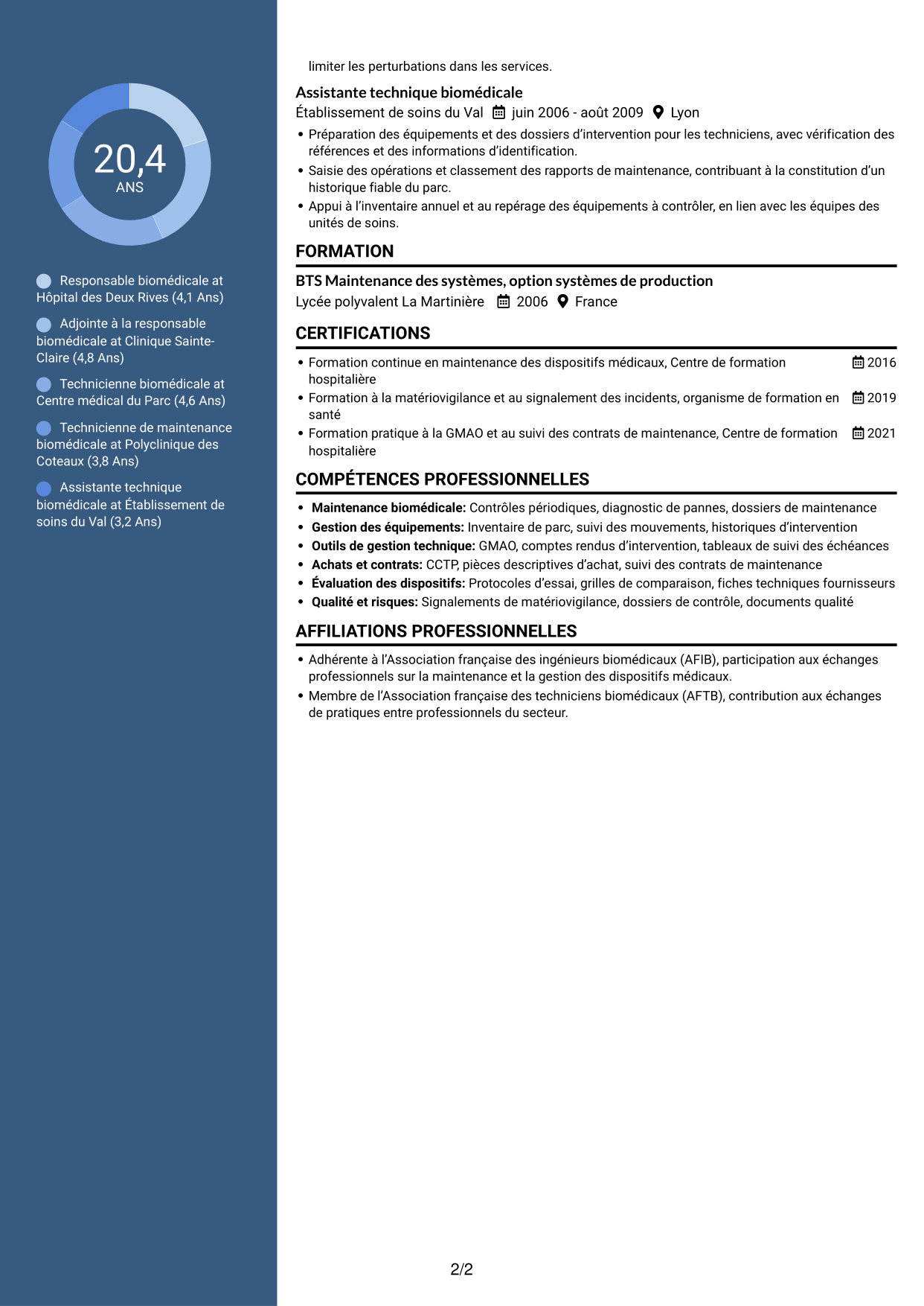 CV Élégant (format à colonne latérale colorée avec photo) : Responsable biomédical - Maintenance des équipements médicaux, page 2