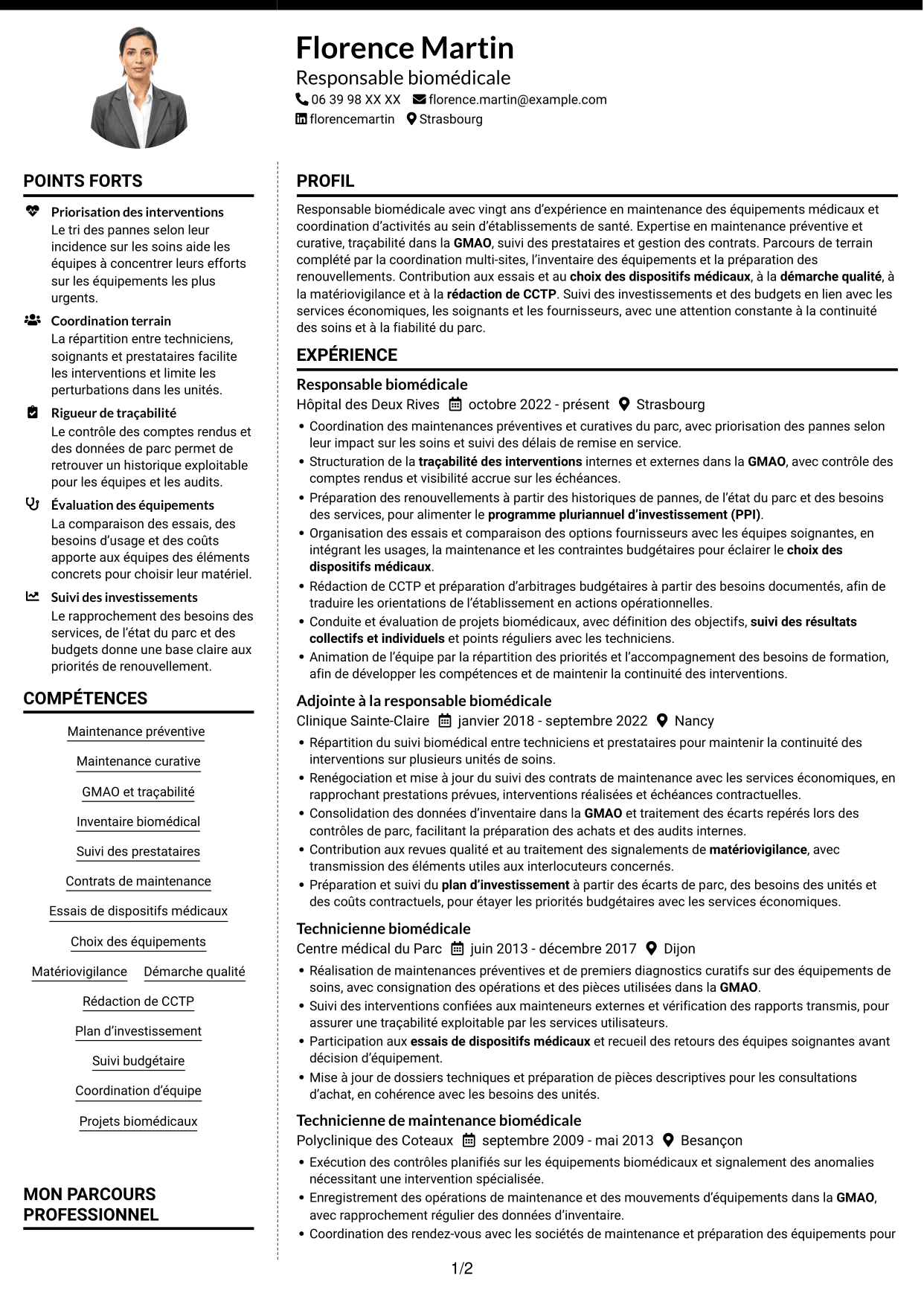 CV Moderne (format à deux colonnes avec photo à gauche et séparateur) : Responsable biomédical - Maintenance des équipements médicaux, page 1