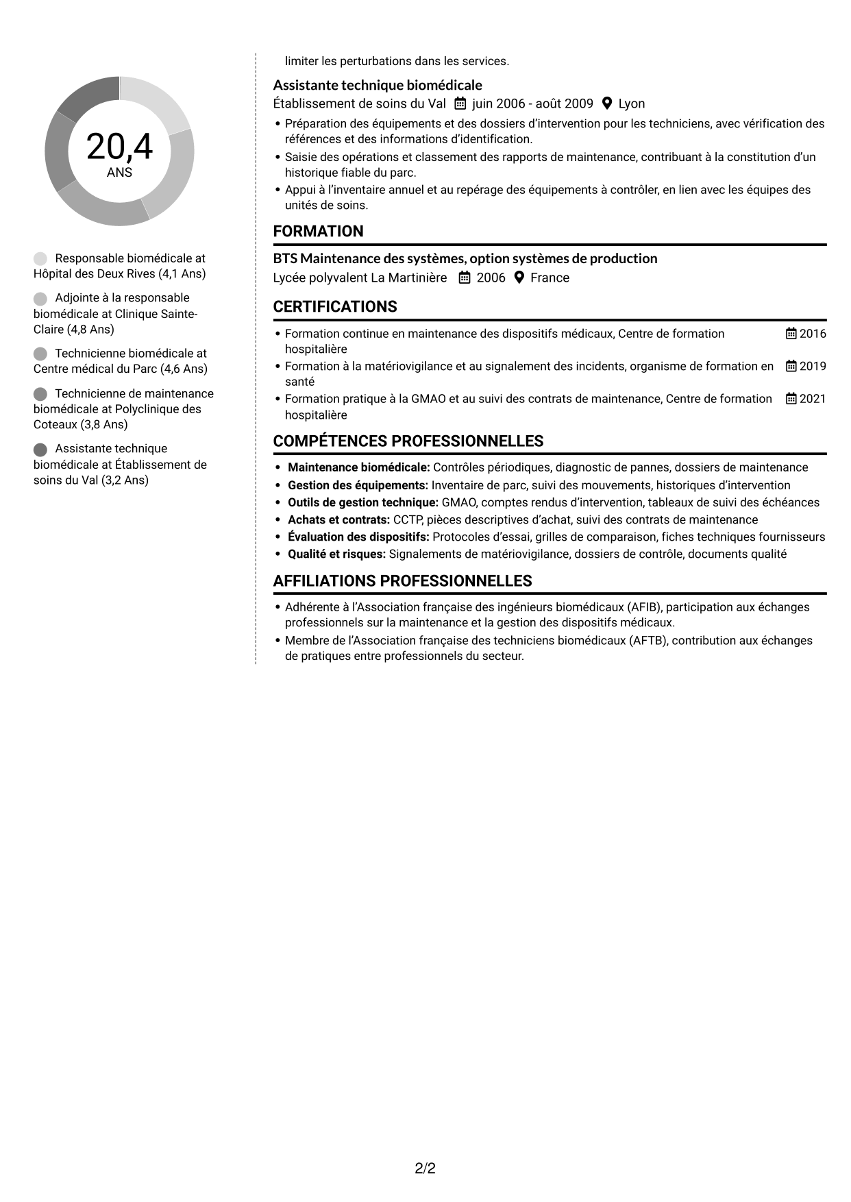 CV Moderne (format à deux colonnes avec photo à gauche et séparateur) : Responsable biomédical - Maintenance des équipements médicaux, page 2