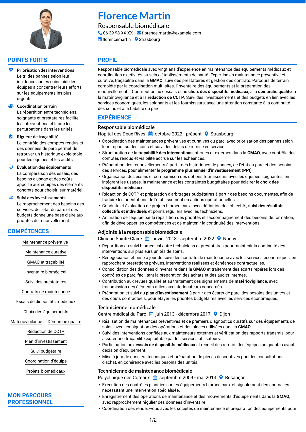 CV Audacieux (format à deux colonnes avec accents colorés et photo) : Responsable biomédical - Maintenance des équipements médicaux, page 1