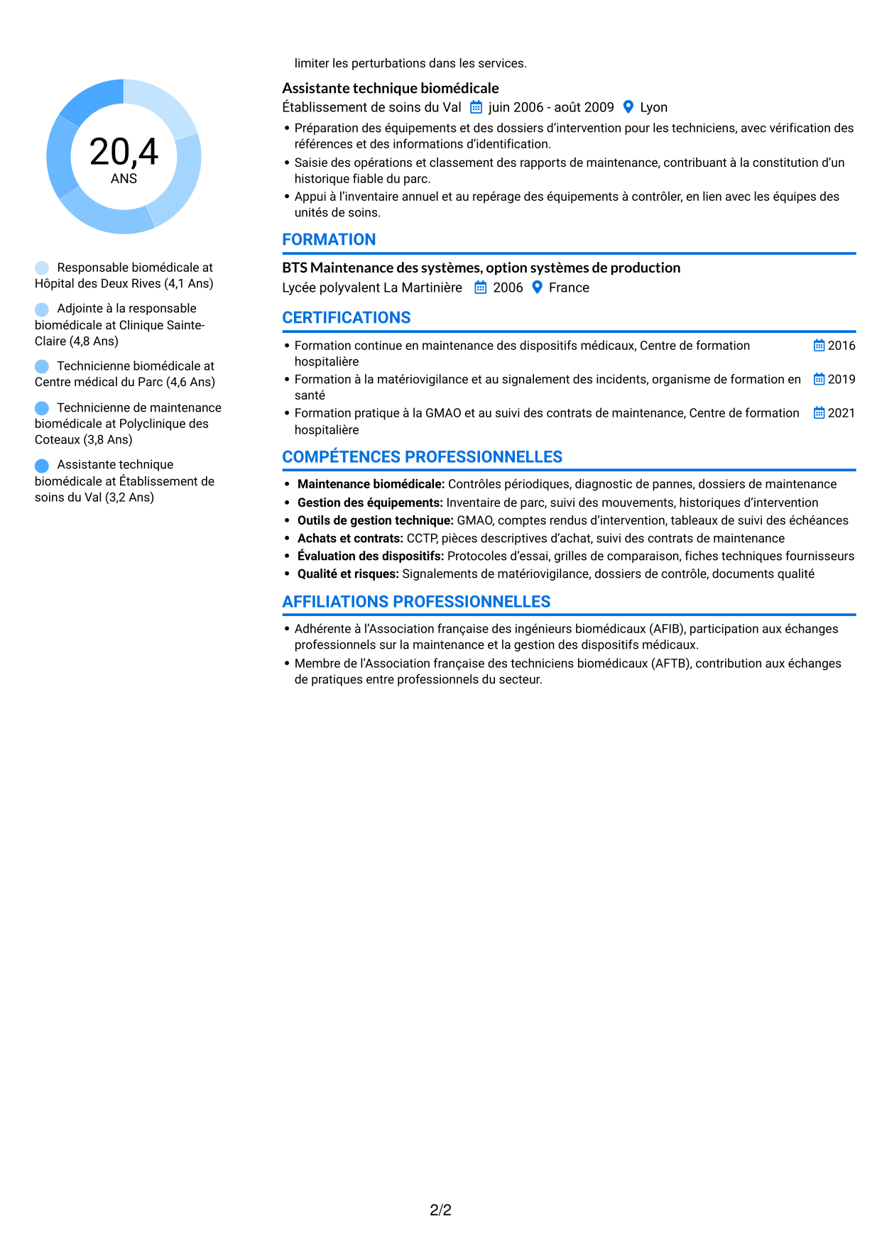 CV Audacieux (format à deux colonnes avec accents colorés et photo) : Responsable biomédical - Maintenance des équipements médicaux, page 2
