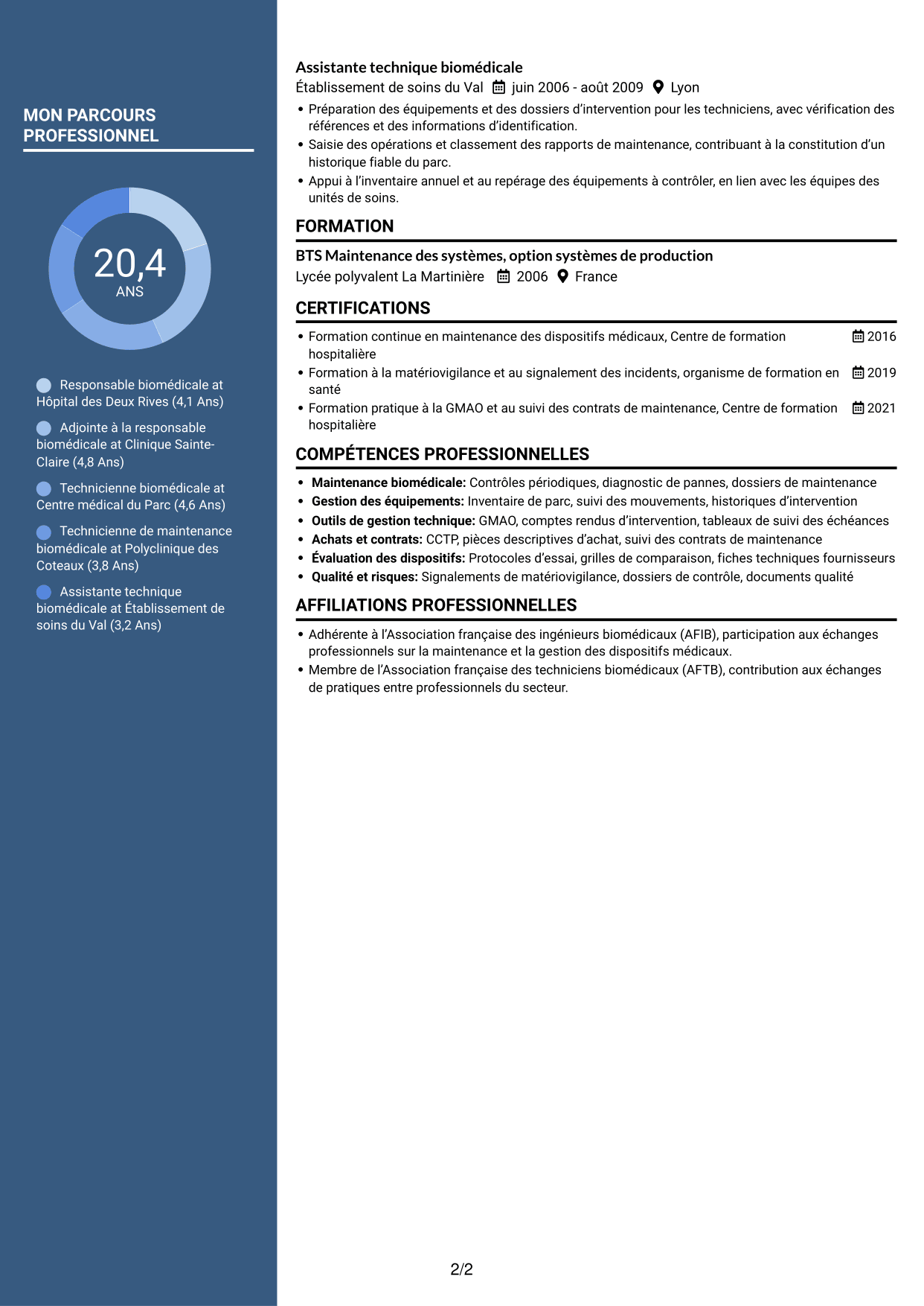 CV Signature (format à colonne latérale colorée avec grande photo) : Responsable biomédical - Maintenance des équipements médicaux, page 2