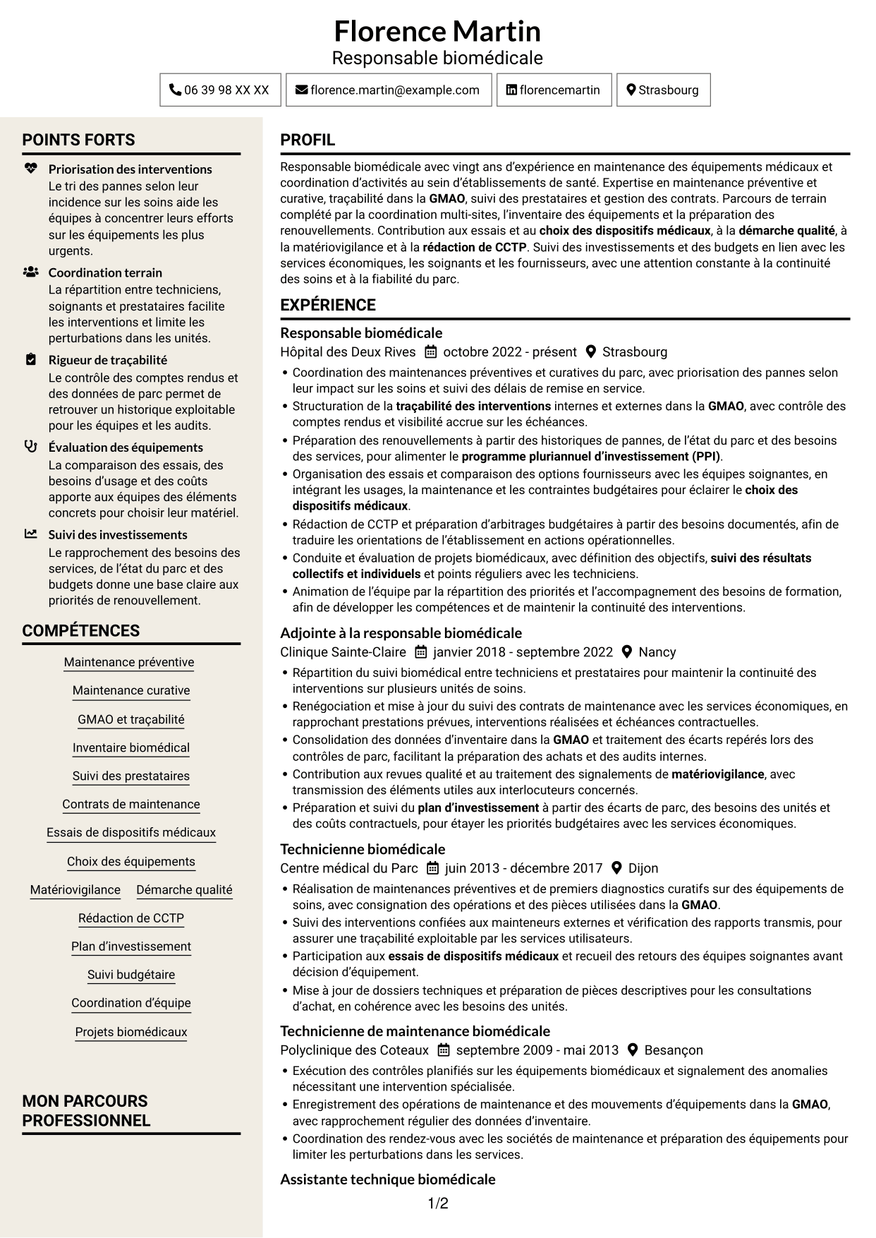 CV Fonceur (format à deux colonnes avec en-tête centré sans photo) : Responsable biomédical - Maintenance des équipements médicaux, page 1