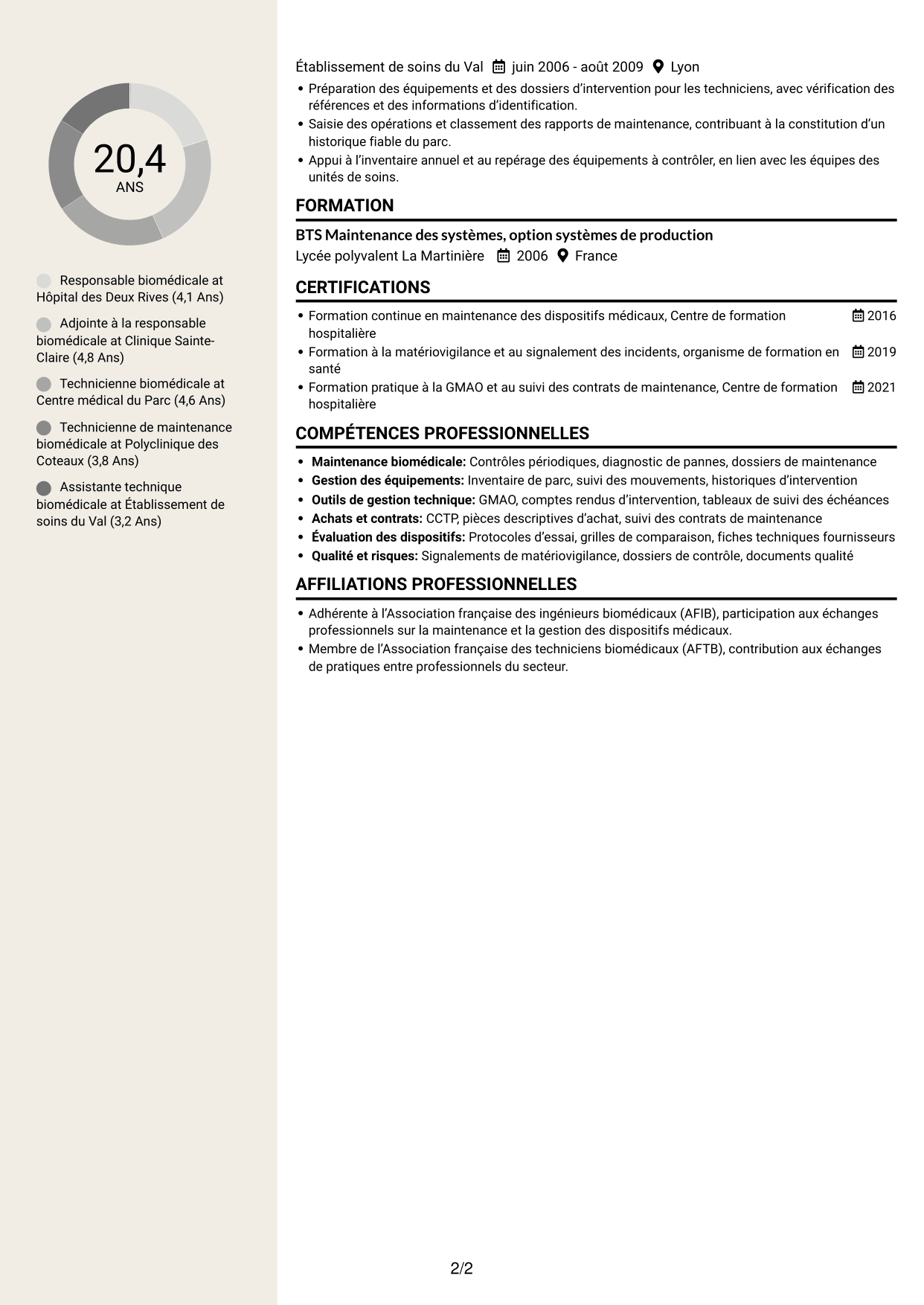 CV Fonceur (format à deux colonnes avec en-tête centré sans photo) : Responsable biomédical - Maintenance des équipements médicaux, page 2