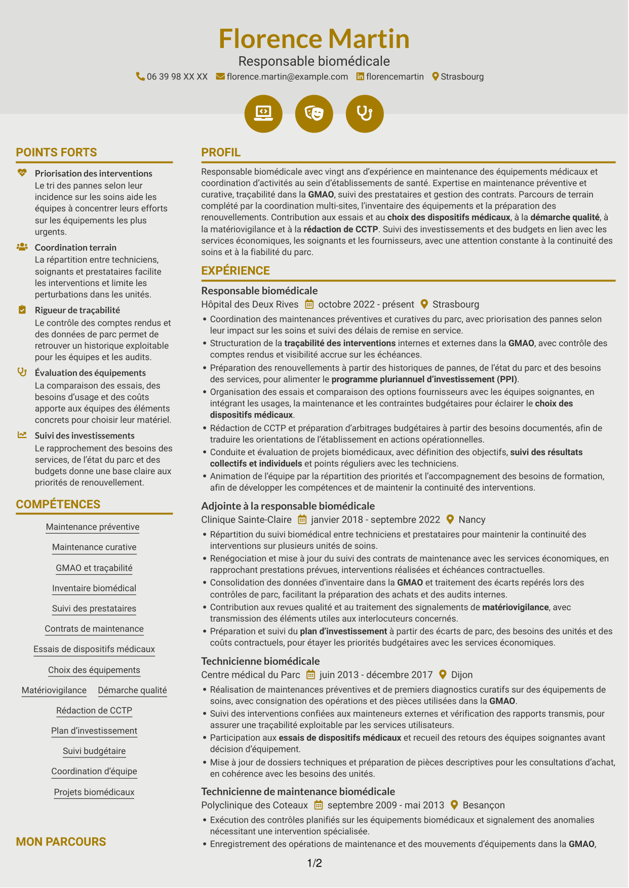 CV Dynamique (format à deux colonnes avec icônes) : Responsable biomédical - Maintenance des équipements médicaux, page 1