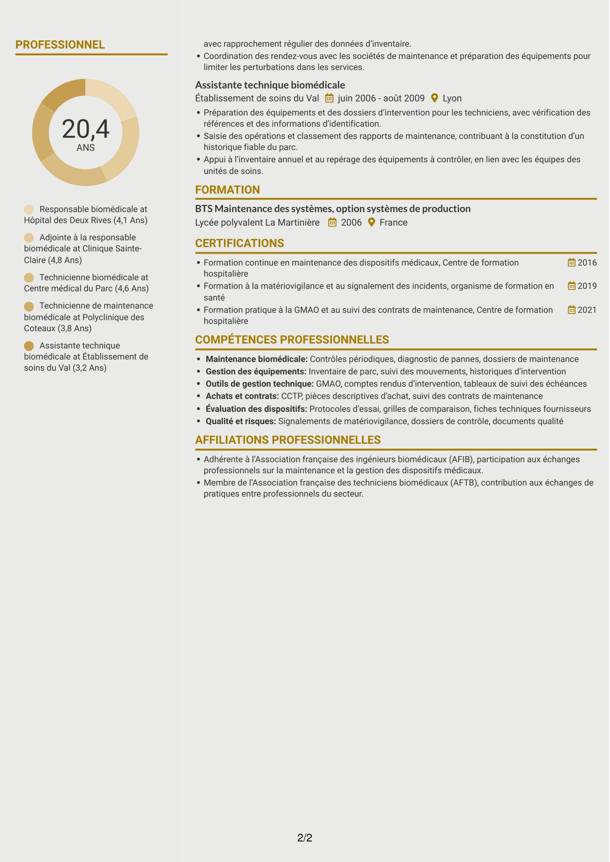 CV Dynamique (format à deux colonnes avec icônes) : Responsable biomédical - Maintenance des équipements médicaux, page 2