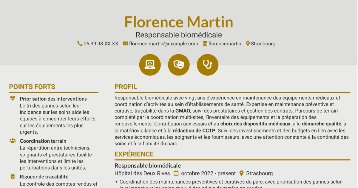 7 modèles de CV pour Responsable biomédical - Maintenance des équipements médicaux, avec exemples