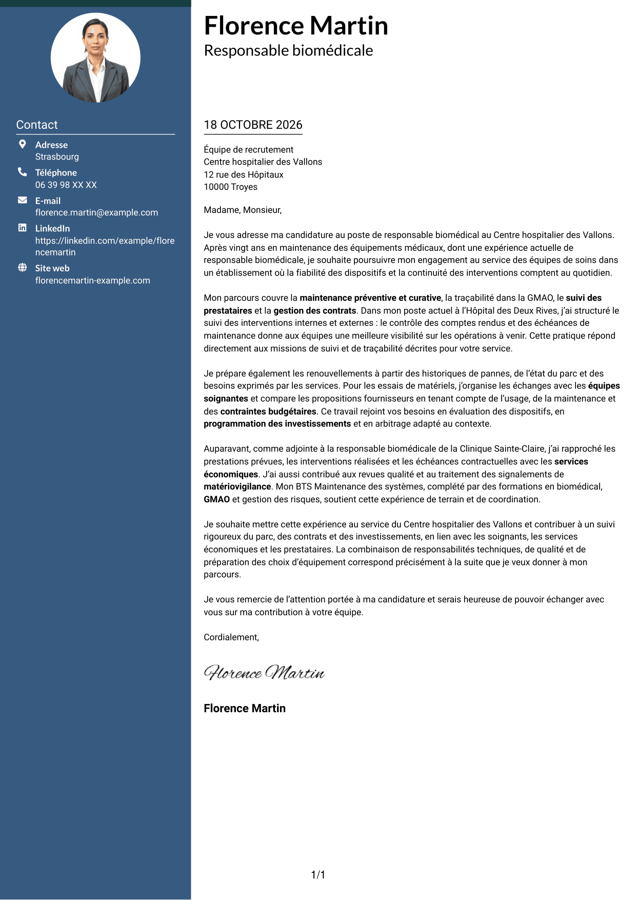 Lettre de motivation Élégant (format à colonne latérale colorée avec photo) : Responsable biomédical - Maintenance des équipements médicaux, page 1