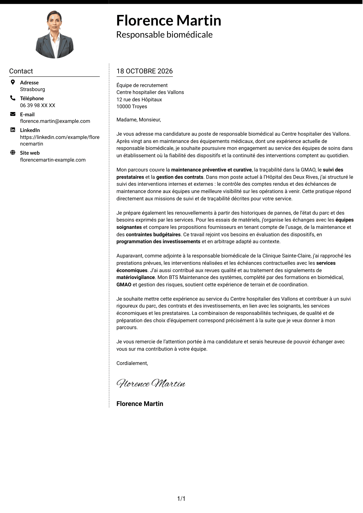 Lettre de motivation Moderne (format à deux colonnes avec photo à gauche et séparateur) : Responsable biomédical - Maintenance des équipements médicaux, page 1