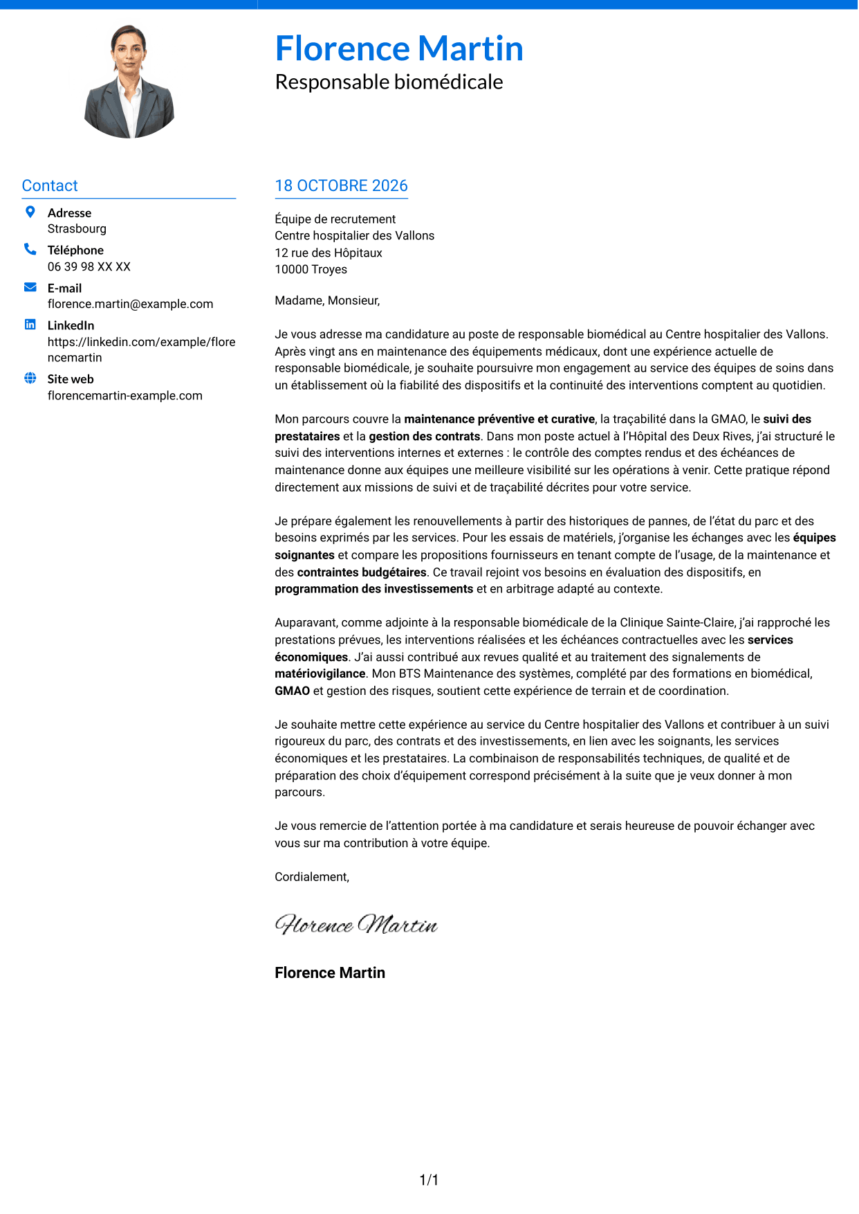 Lettre de motivation Audacieux (format à deux colonnes avec accents colorés et photo) : Responsable biomédical - Maintenance des équipements médicaux, page 1