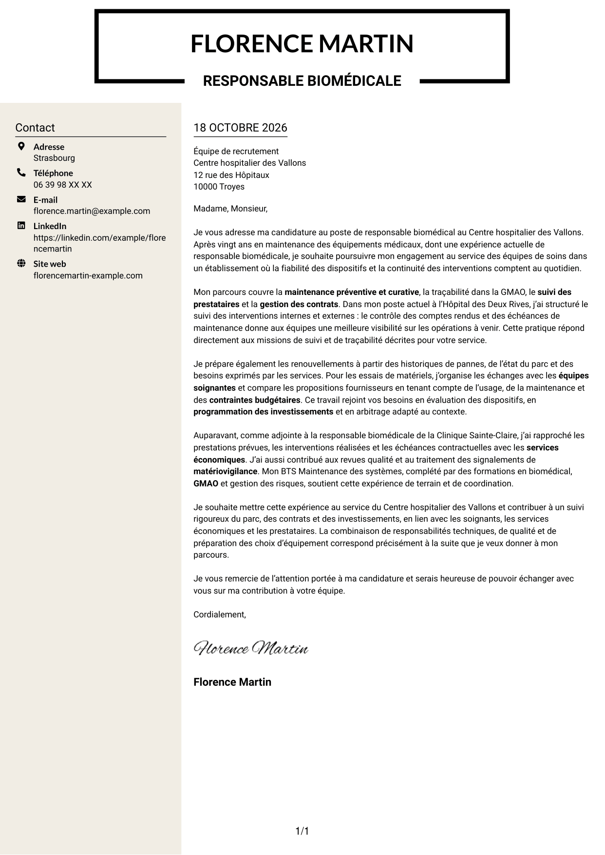 Lettre de motivation Fonceur (format à deux colonnes avec en-tête centré sans photo) : Responsable biomédical - Maintenance des équipements médicaux, page 1