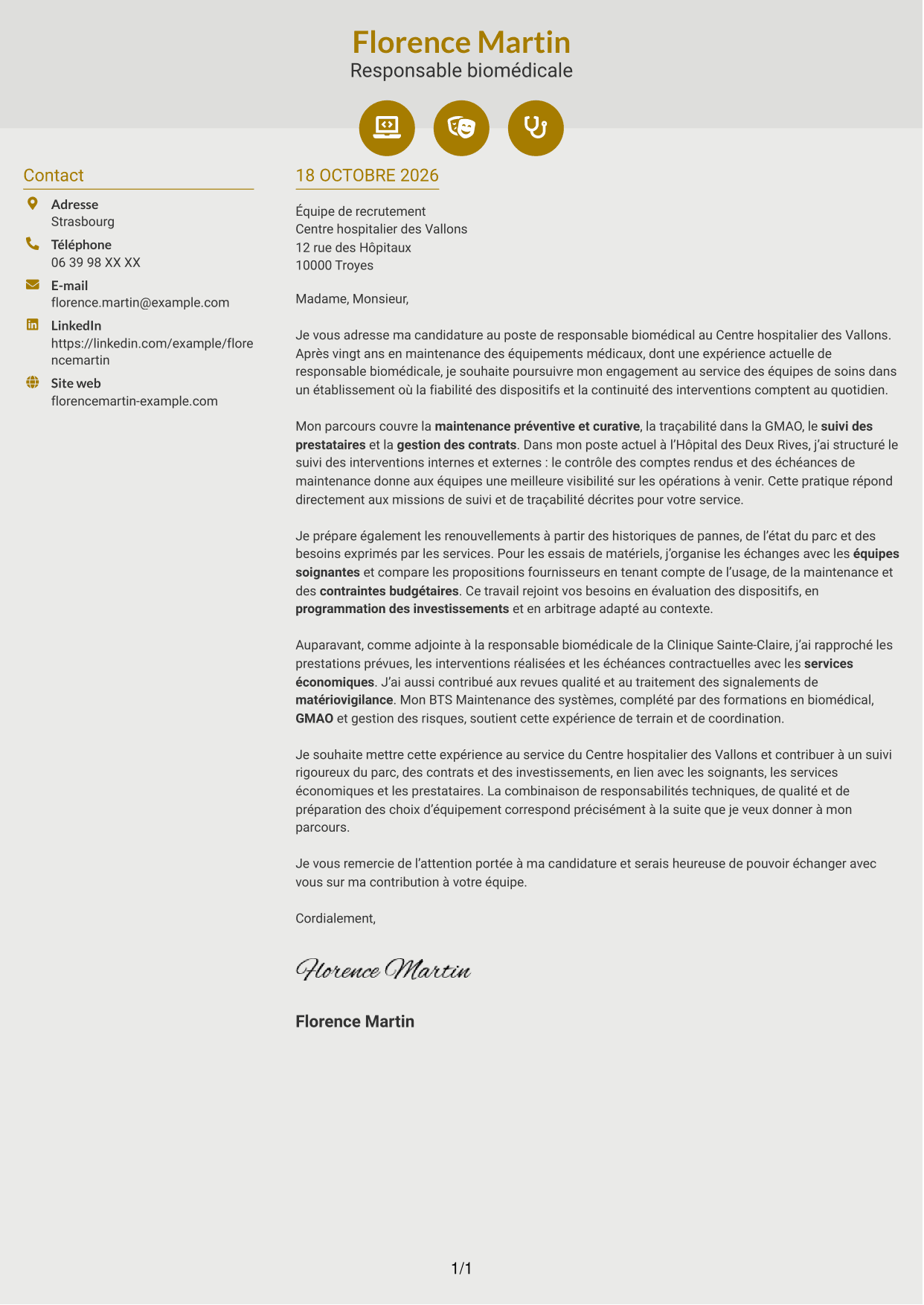 Lettre de motivation Dynamique (format à deux colonnes avec icônes) : Responsable biomédical - Maintenance des équipements médicaux, page 1