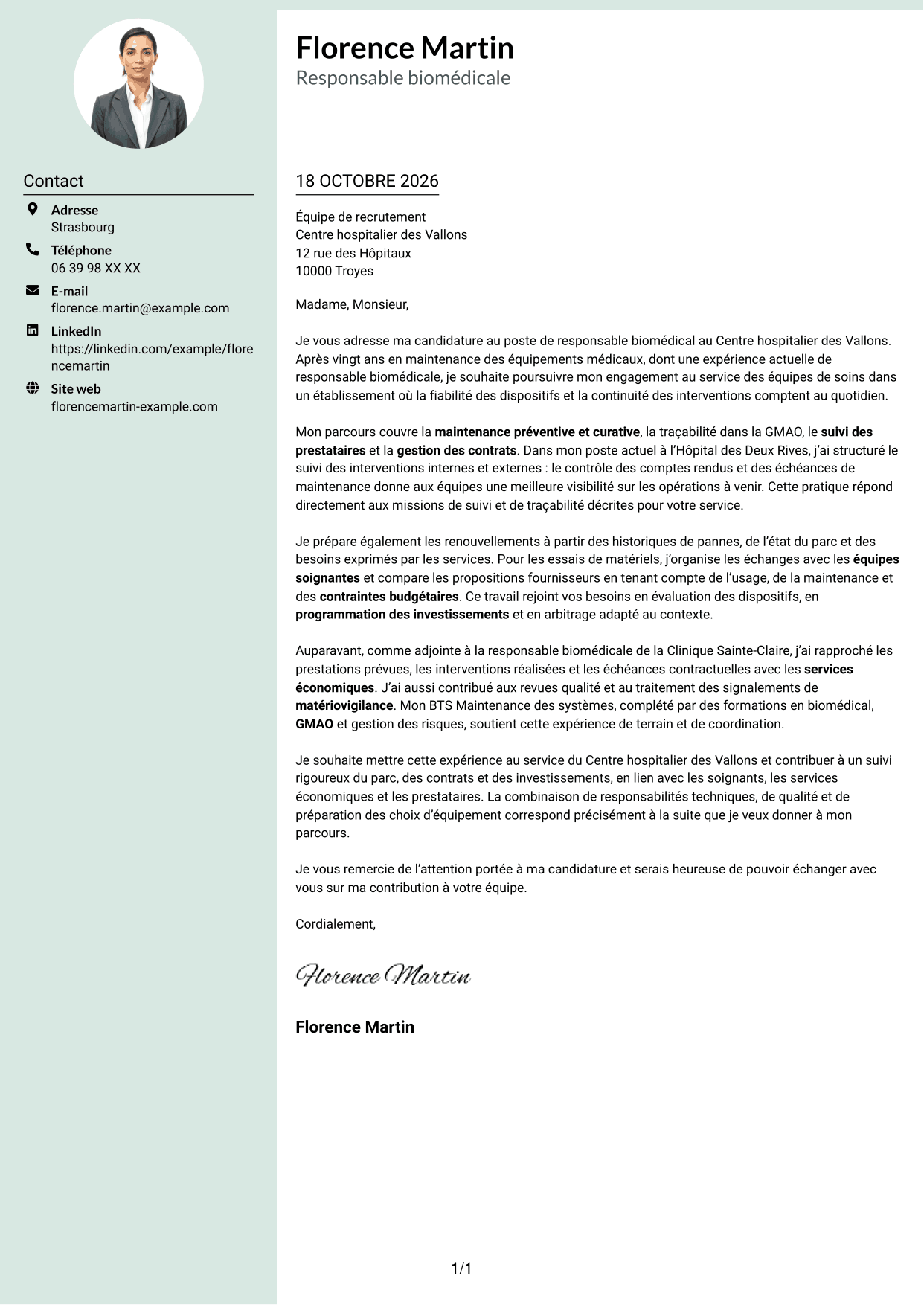 Lettre de motivation Cadre (format à colonne latérale douce avec photo arrondie) : Responsable biomédical - Maintenance des équipements médicaux, page 1