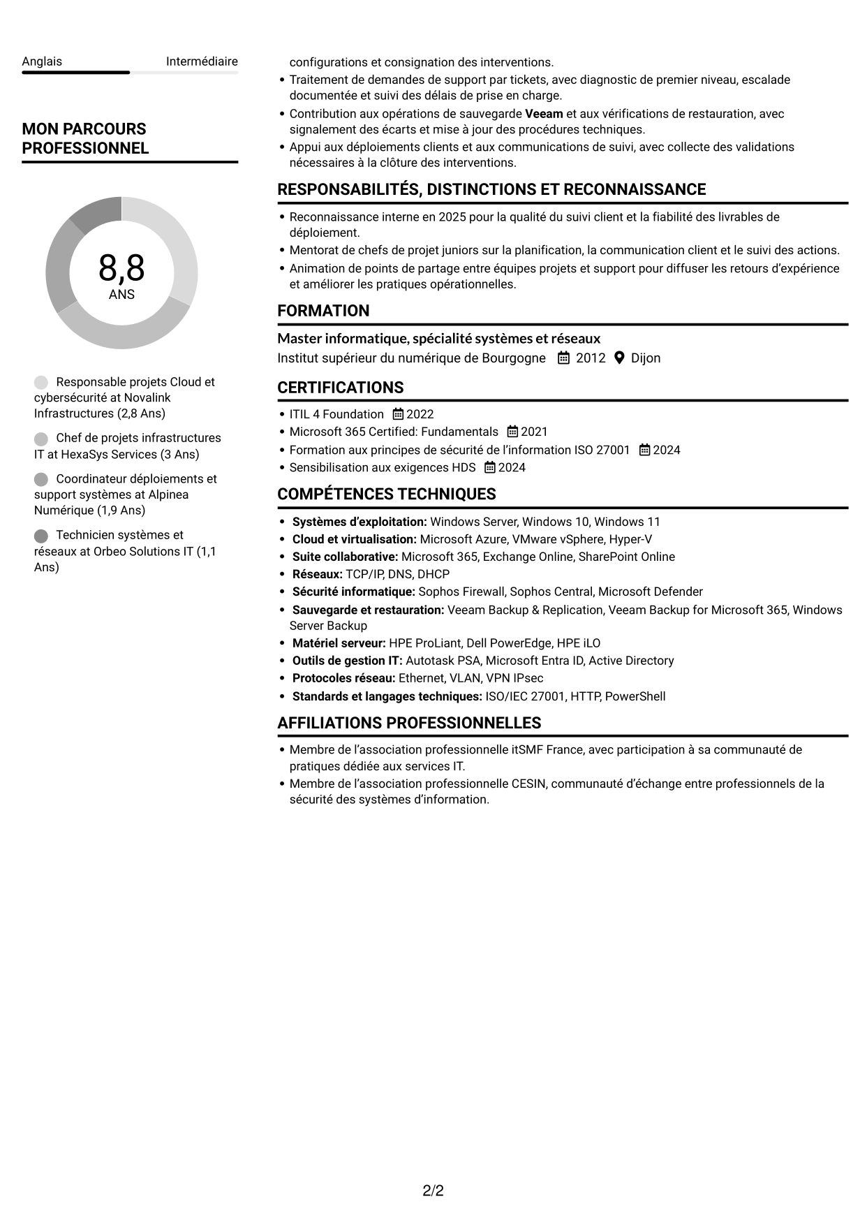CV Compact (format sobre à deux colonnes avec photo) : Responsable Cloud et cybersécurité, page 2