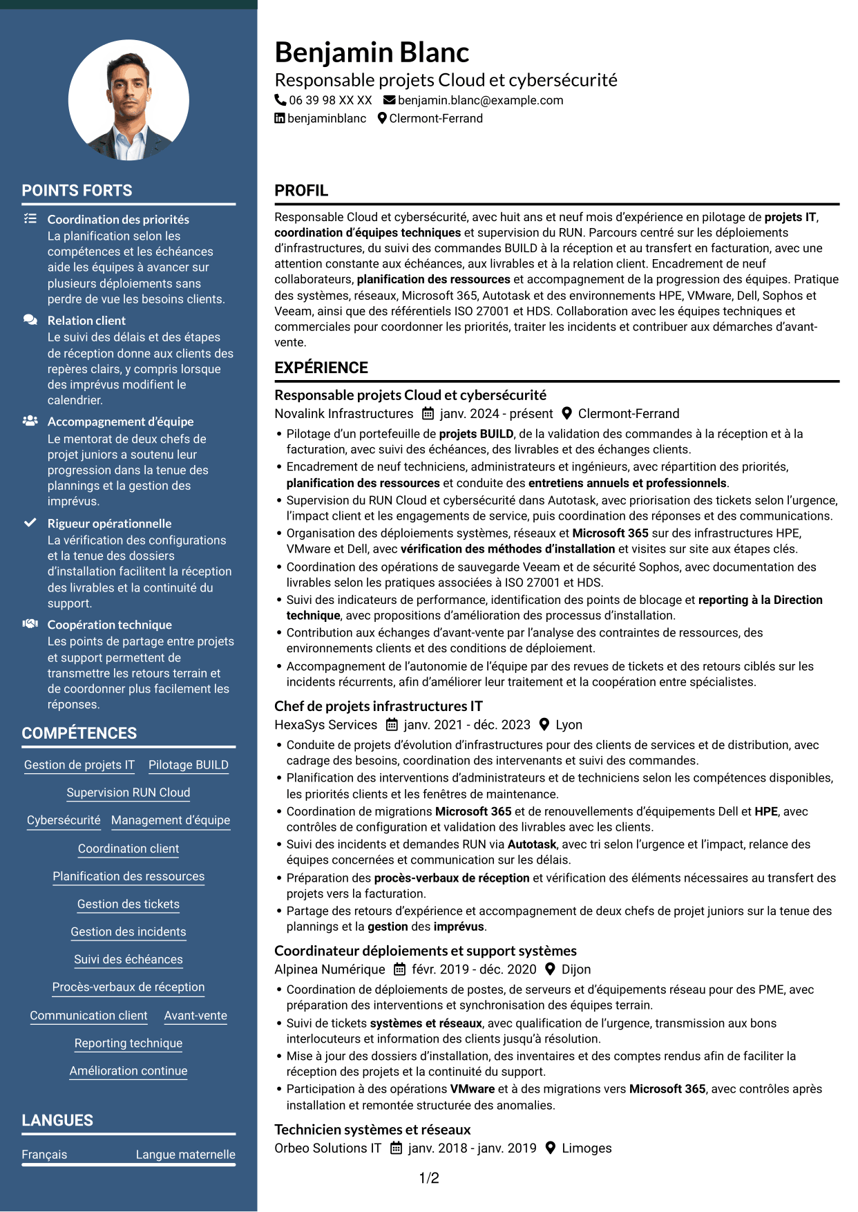 CV Élégant (format à colonne latérale colorée avec photo) : Responsable Cloud et cybersécurité, page 1