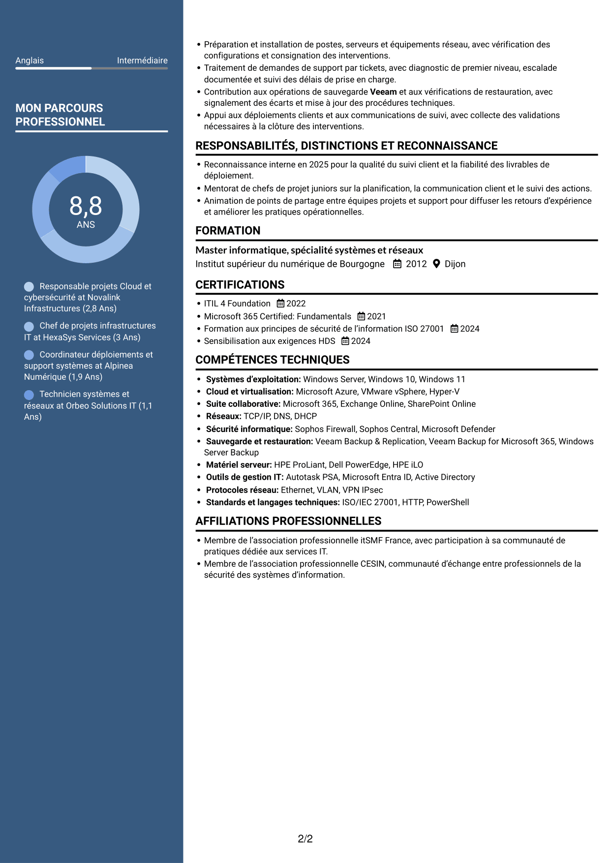 CV Élégant (format à colonne latérale colorée avec photo) : Responsable Cloud et cybersécurité, page 2